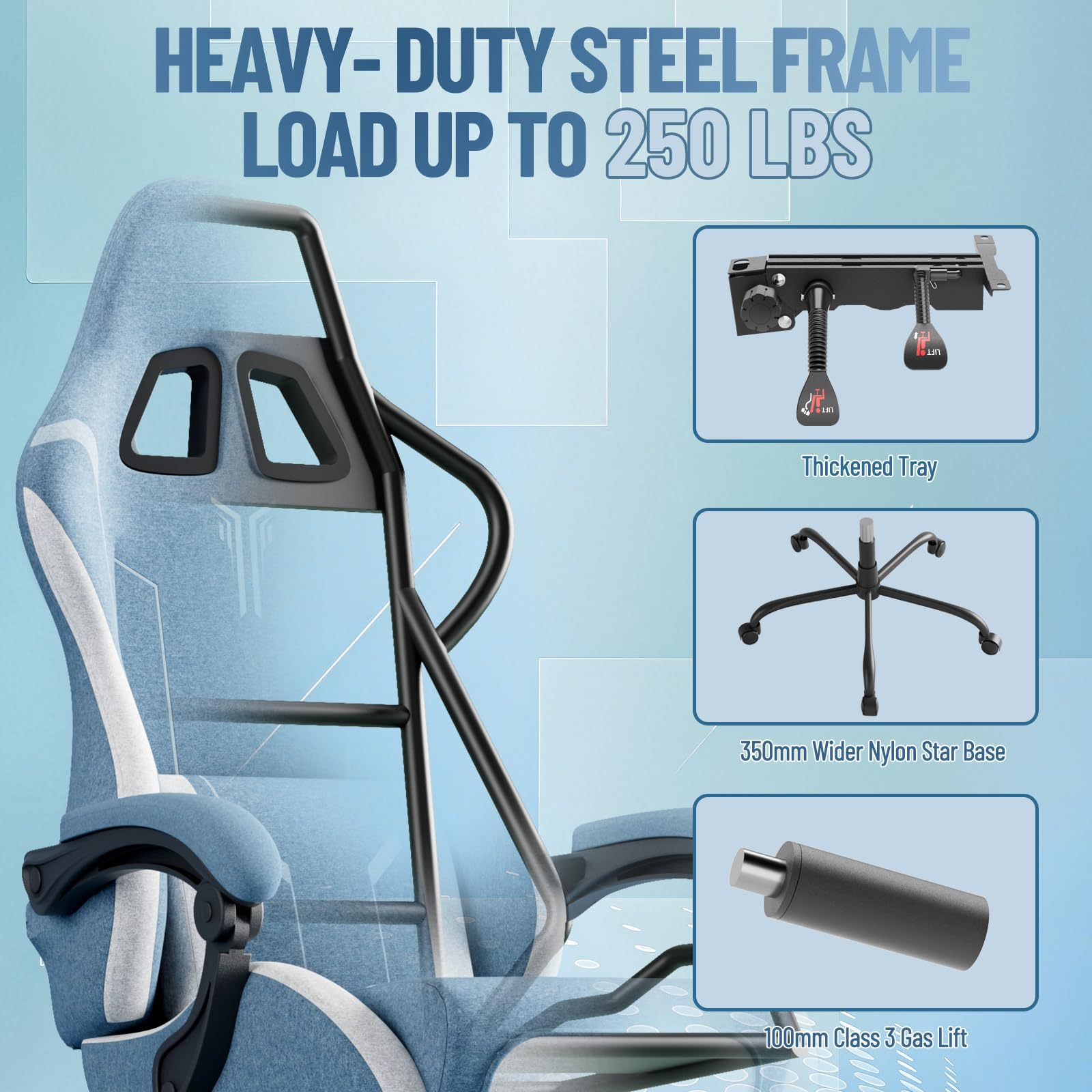Silla de gaming ergonómica con función de masaje, reposapiés, almohada extraíble, reposabrazos integrados, soporta 110 kg, silla de PC para oficina y hogar, color azul