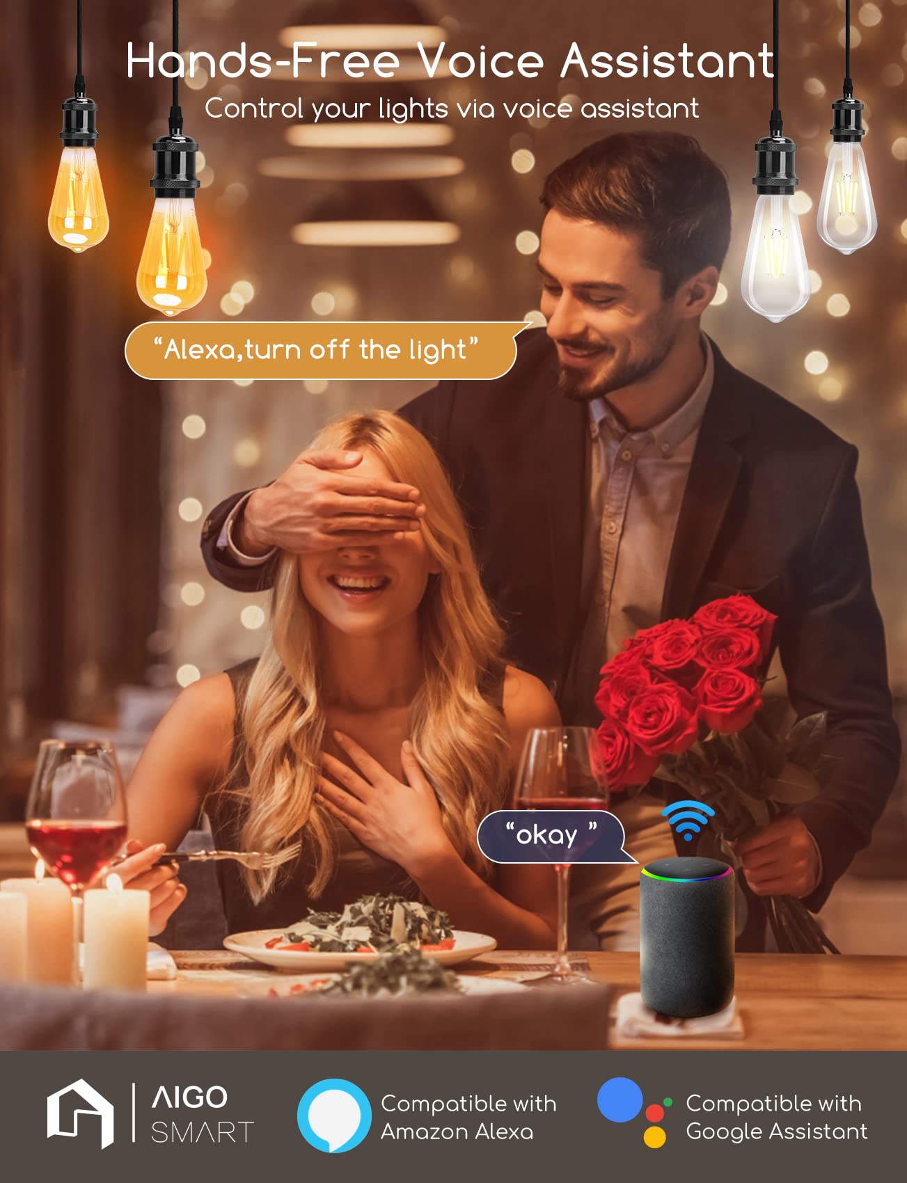 Aigostar Bombilla Inteligente E27 Edison Bombilla Alexa 6W 806LM Bombillas Vintage WIFI ST64 Bombillas Filamento Regulable 2700K-6500K, compatible con Alexa/Google Home. ámbar 4 pack