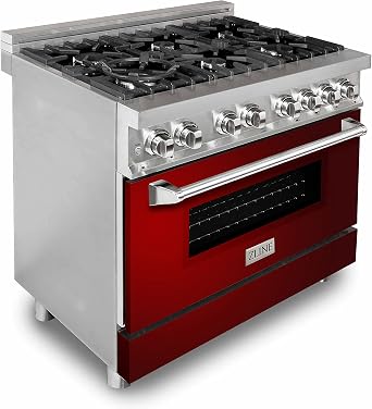 ZLINE 36 in. 4.6 cu. ft. Legacy Dual Fuel Range with 6 Burner Gas Cooktop and Electric Convection Oven in Stainless Steel and Red Gloss Door RA-RG-36
