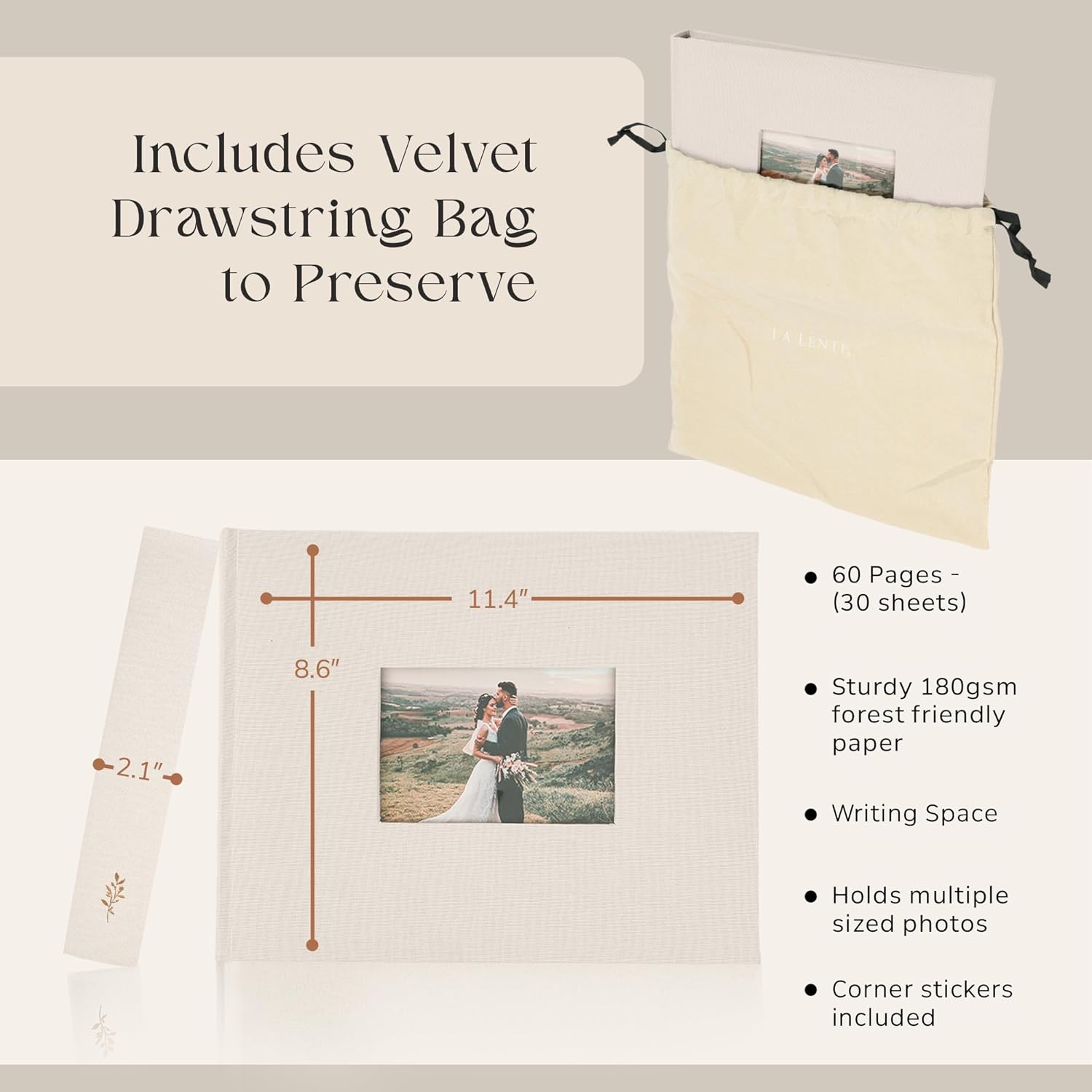 Premium Scrapbook Album with Window and Writing Space – 60 Pages holds 200 Photos of Different Sizes – Wedding, Baby, Travel & Family Memories – 11.4" x 8.6" - Oat