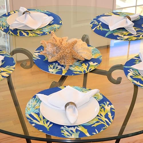 Miniatura 7 de Sweet Pea Linens Juego de dos manteles individuales rectangulares de tela para exteriores con concha azul y hojas tropicales