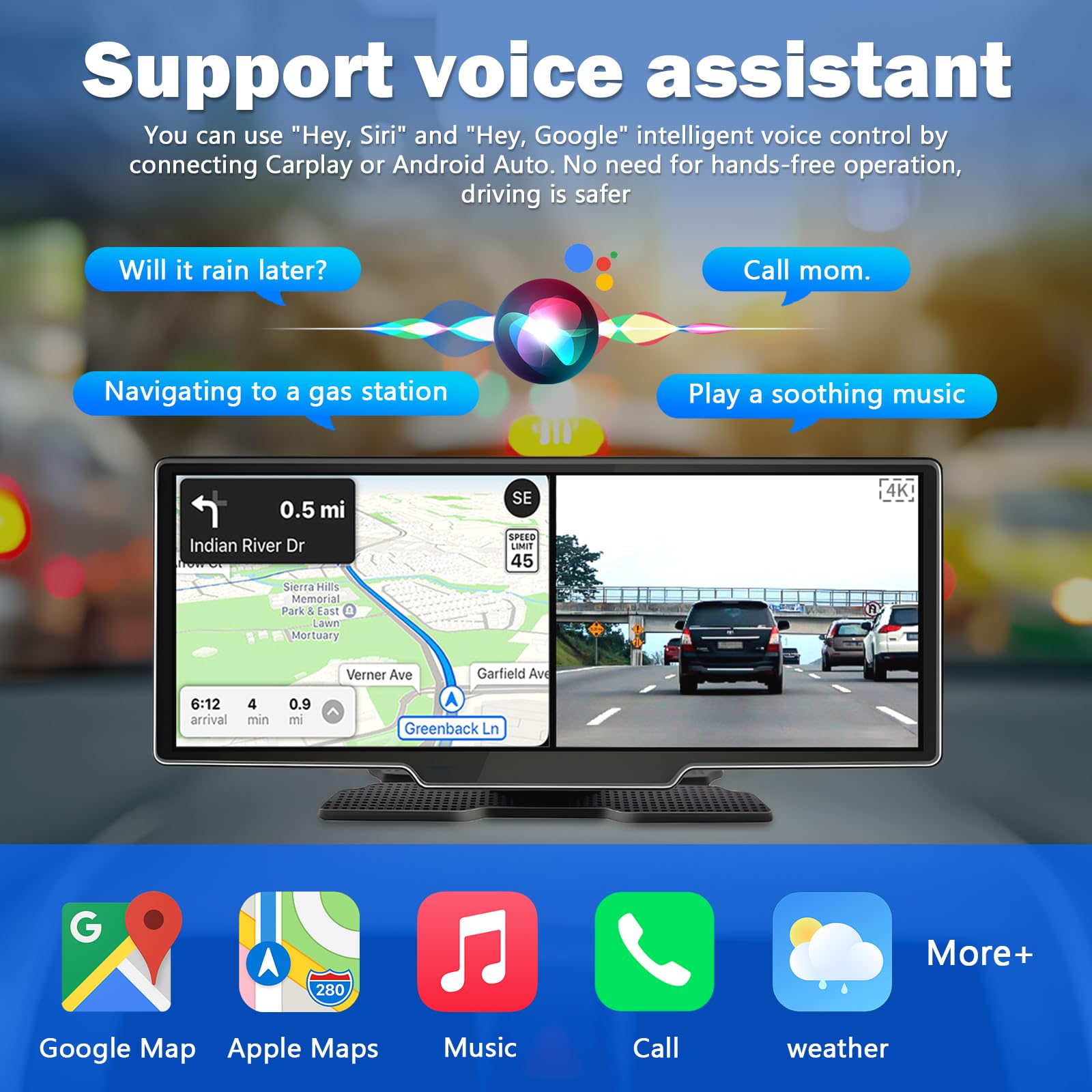Autoradio Portatile 10.26'' CarPlay Wireless & Android Auto, Dash Cam 4K, Telecamera Retromarcia 1080P, Schermo Auto, Navigatore GPS, Airplay, Mirror Link