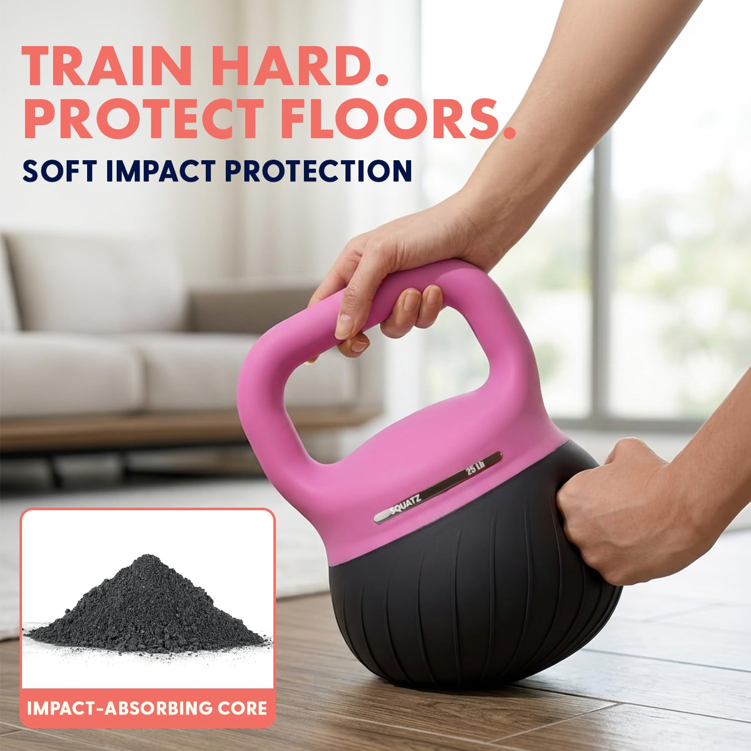 Squatz Zestaw hantli kettlebell z miękkim opadaniem do treningu siłowego w domu - zestaw kettlebell z wyściełaną podstawą i szerokim uchwytem, konstrukcja odporna na podłoże, 6,8 kg, 9,1 kg i 25