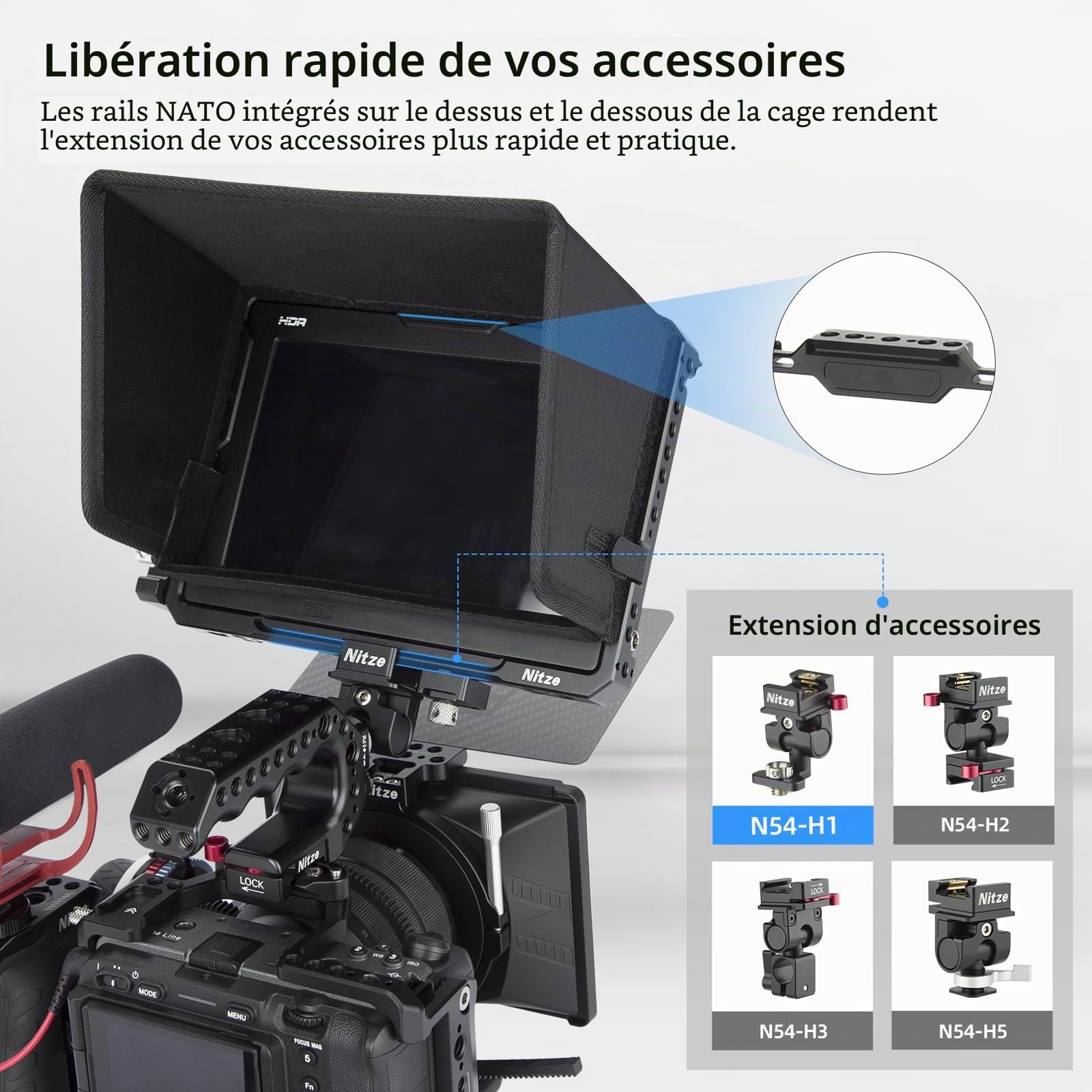 Nitze Cage pour Moniteur d'Enregistrement Blackmagic Design Video Assist 7" 12G-SDI/HDMI HDR avec Pare Soleil, Serre Câble HDMI et Serre Câble USB-C - JT-B02B