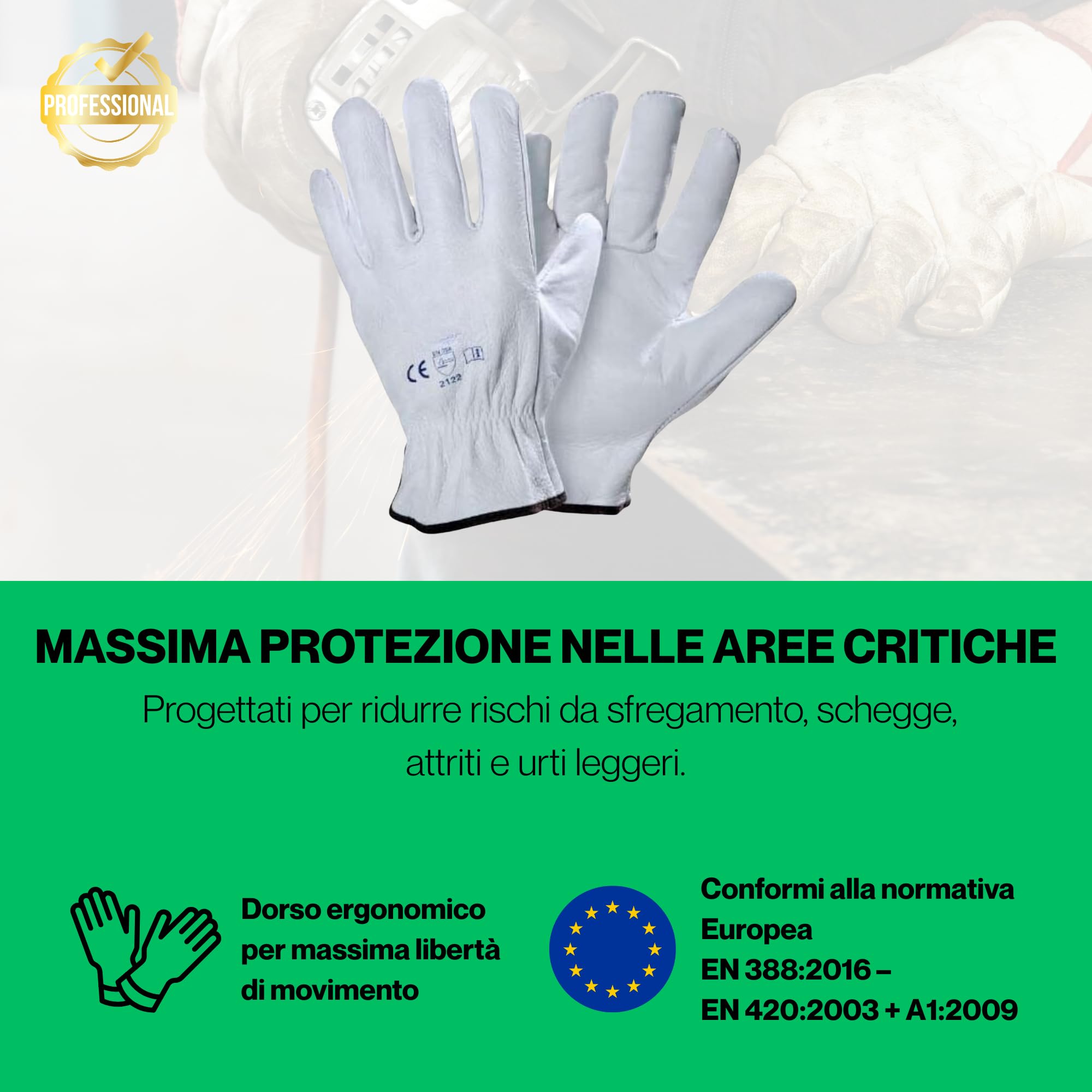 12 pares de guantes de trabajo de piel flor bovino, talla 8/9/10/11, ideales para construcción, carpintería, jardinería, mecánica, altamente resistentes y profesionales – Reforzados (9 L)