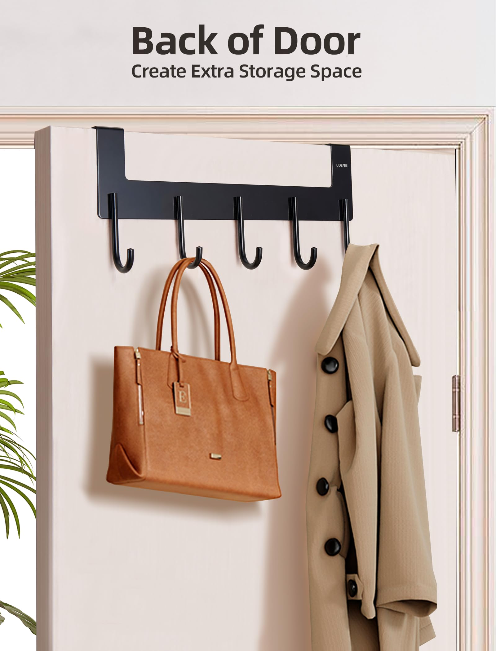 Perchero para colgar sobre la puerta, perchero para colgar toallas sobre la puerta, perchero de aluminio resistente para colgar abrigos, bolsos, batas, 5 ganchos, color negro, paquete de 2