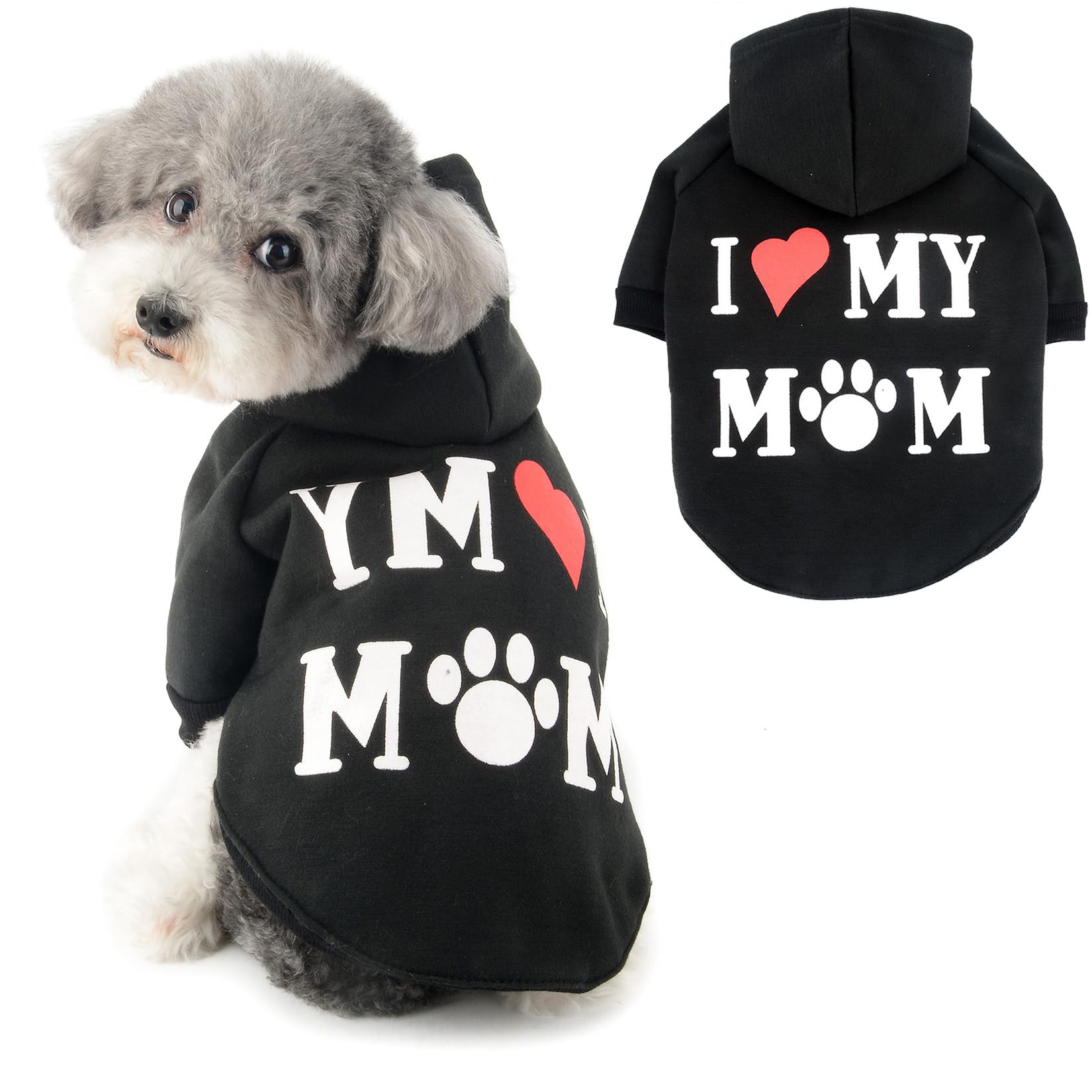 Ranphy Dog Hoodies for Small Dog Girls Boy Pet Jumper with Letter "I Love My Mom" Puppy Sweatshirt Hooded with Leash Hole Autumn Spring Pullover Mother Day Thanksgiving Day Cat Sweater, Black, L
