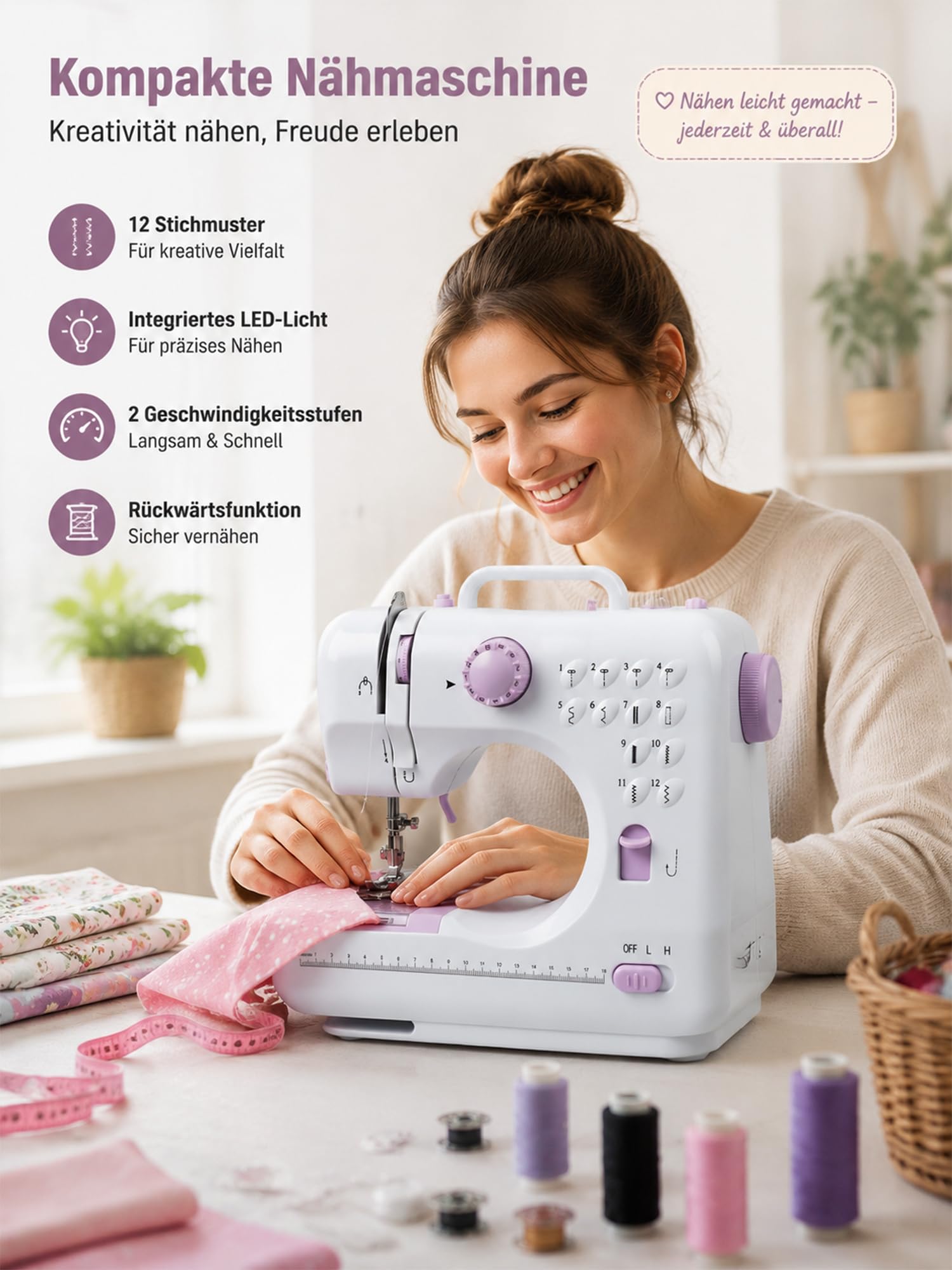 BRICH Elektrische Nähmaschine, Kompakte Mini Nähmaschine für Anfänger | 12 Stichprogramme & 42-tlg. Zubehör Set. Ideal für Hosen kürzen, Stoffe bis 5mm & Jeans. Tragbar mit Batterie oder Netzteil.
