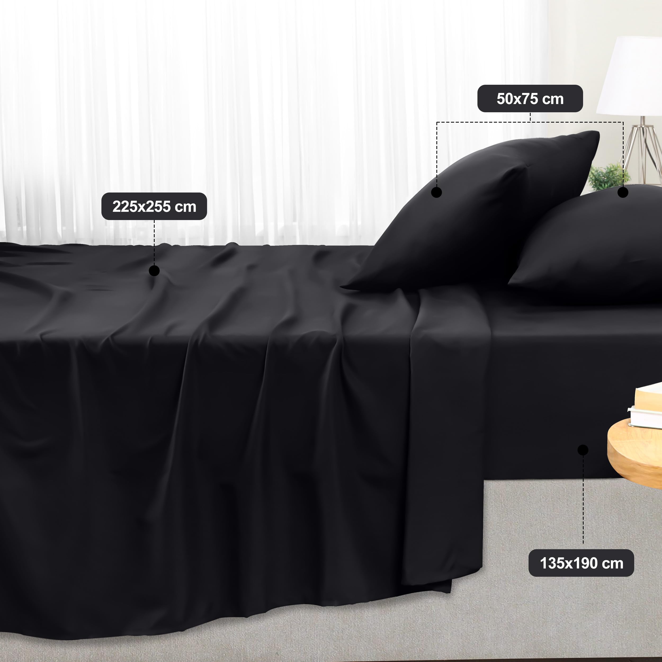 Utopia Bedding - Set Lenzuola Letto Una Piazza e Mezza 4 Pezzi 135x190 cm - Spazzolata Poliestre di Microfibra - Oeko-Tex Certificato - Lenzuolo con Angoli, Lenzuolo Piatto e 2 Federe 50x75, Nero