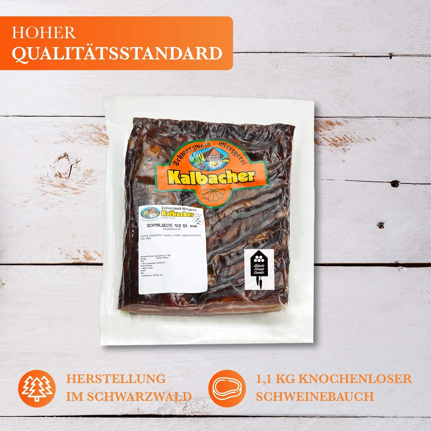 Schwarzwälder Schmalseite - 1,1 kg - Deutsche Produktion - 1/2 Stück vakuumiert - CMA Gütezeichen - Schweinebauch - Traditionell geräuchert - Einzigartiger Geschmack