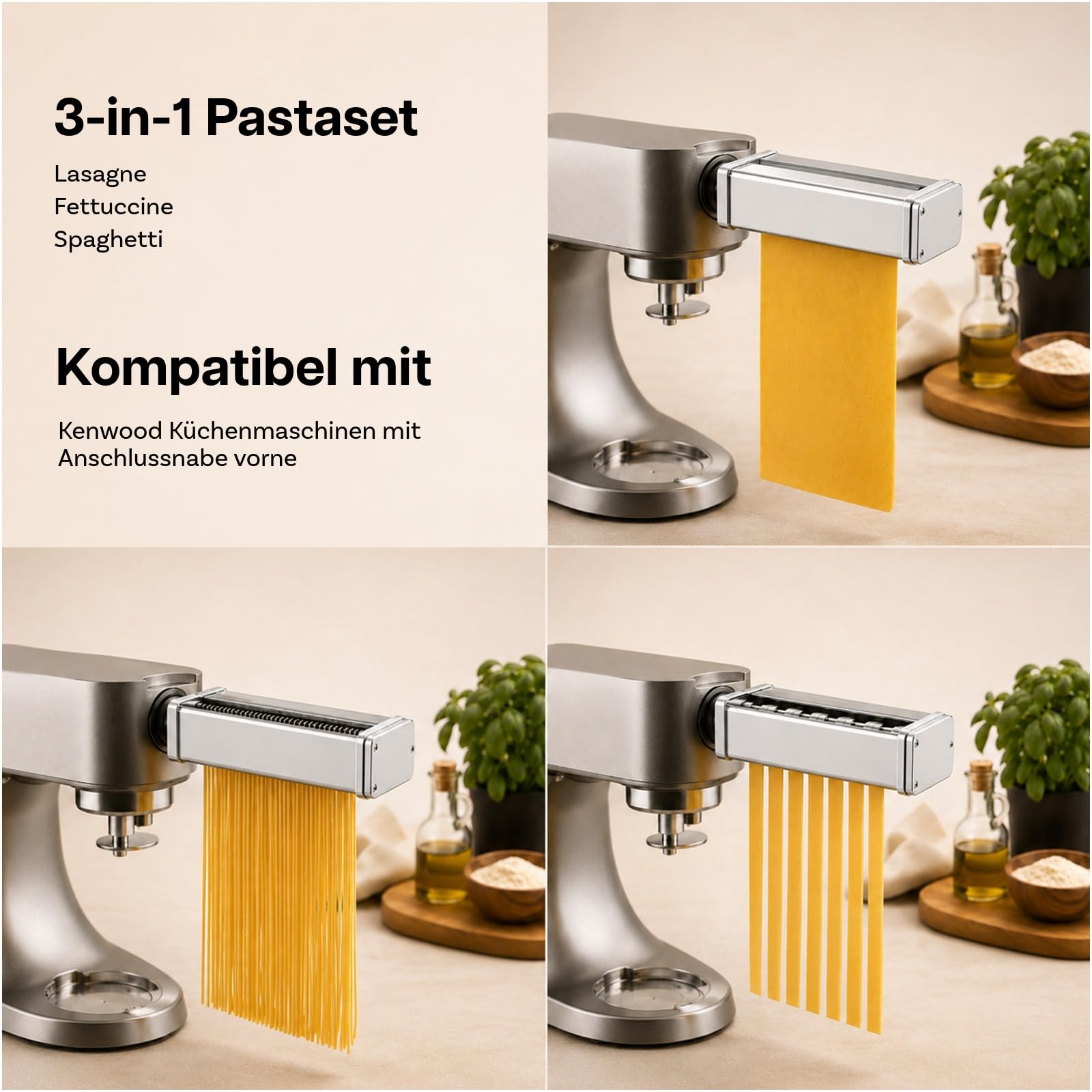 Nudelaufsatz für Kenwood Küchenmaschine 3-teilig – Pasta Roller, Spaghettischneider & Fettuccineschneider – Edelstahl Aufsätze Inklusive Adapter – Küchenmaschinen Zubehör für Kenwood von MMOBIEL