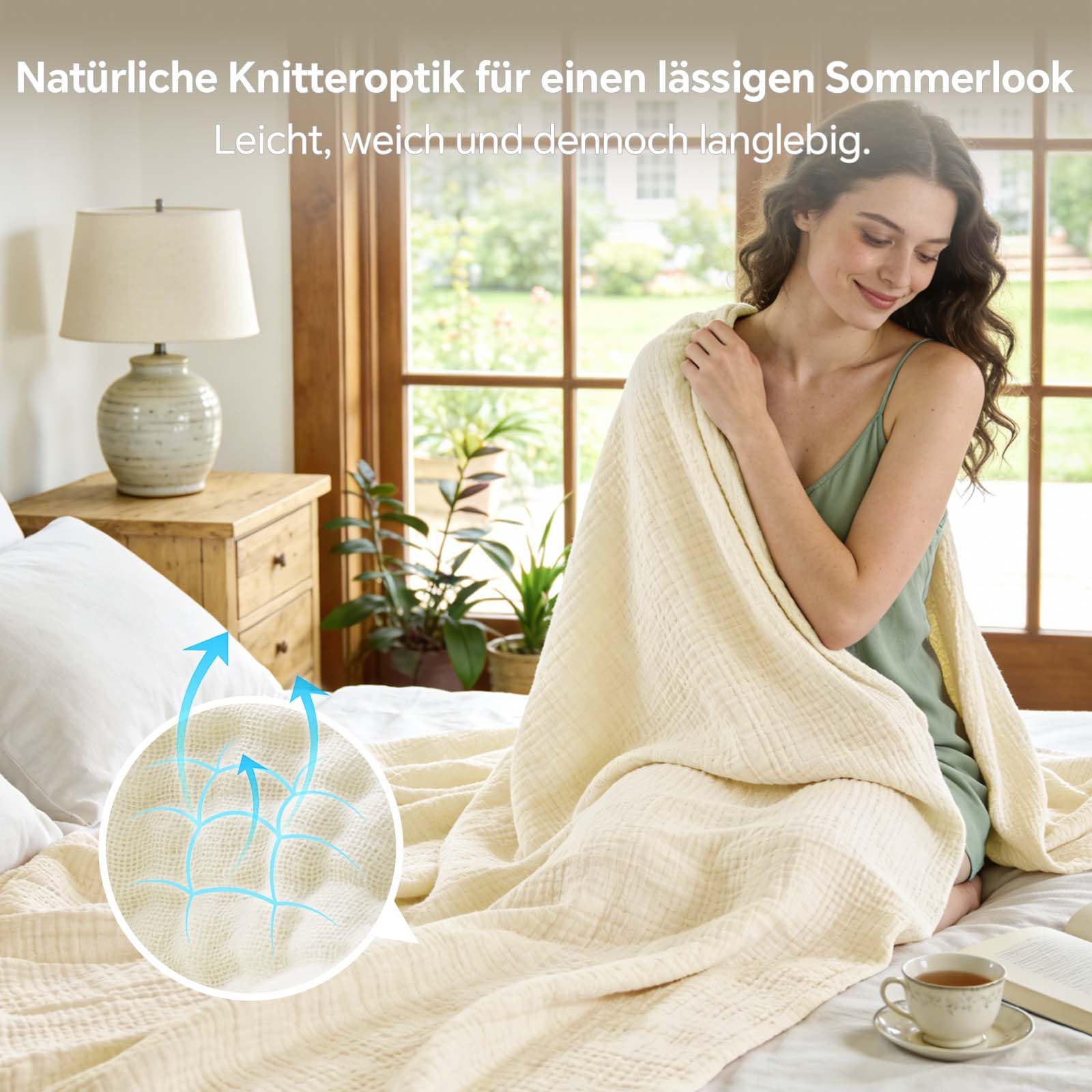 BEDELITE Musselin Decke 150 x 200 cm Baumwolle atmungsaktive Sommer Tagesdecke Kuscheldecke Überwurf Creme