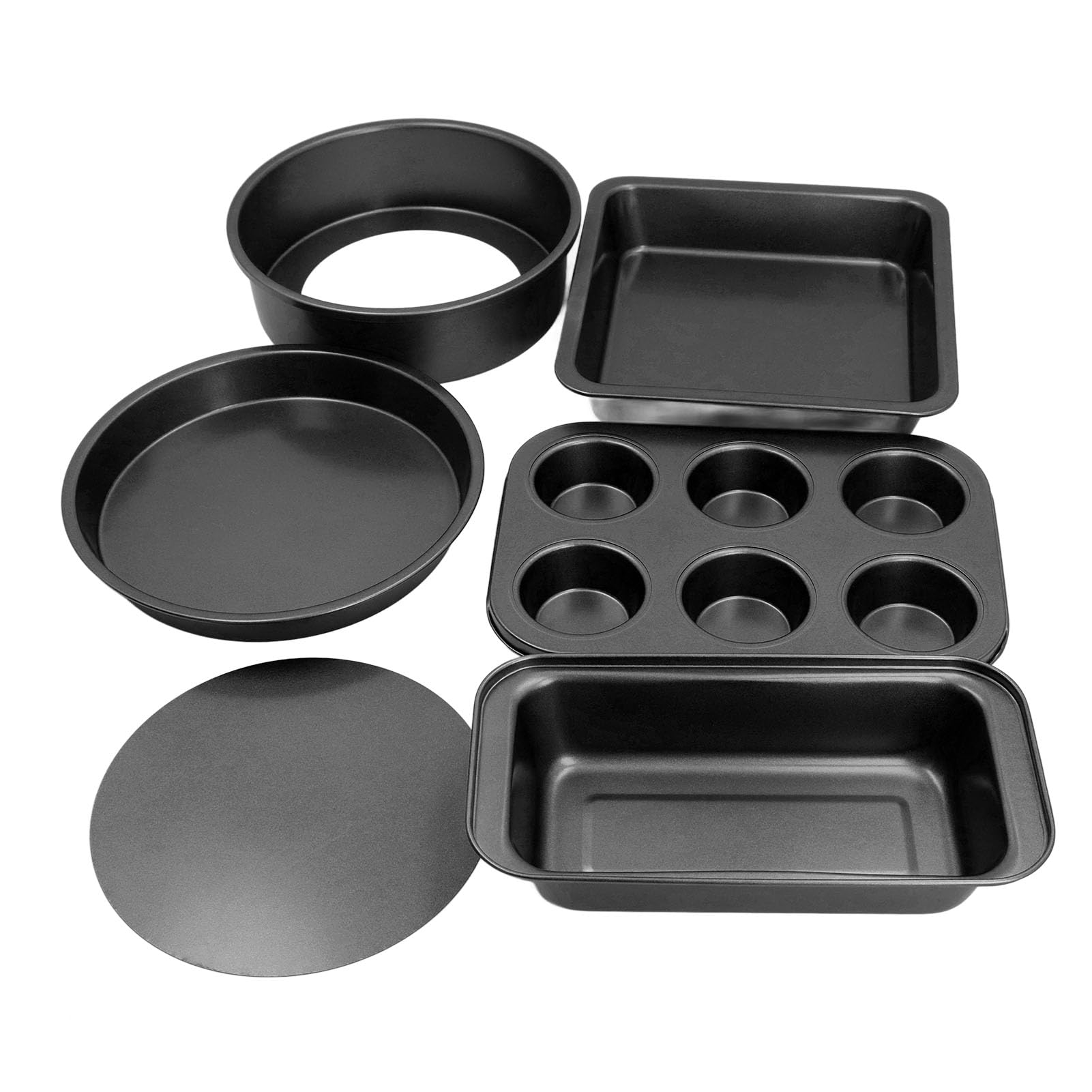Cake Baking Pan Set of 6 Loose Bottom Carbon Steel Cake Pizza Bread Baking Pan for Home Kitchen (Black)