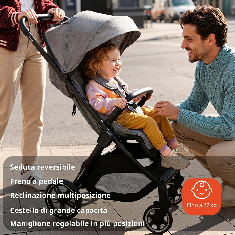 Nurse Wander Trio Carrito de Bebé 3 en 1, Capazo, Silla de Paseo y Silla de Coche i-Size, Plegado Compacto, con Accesorios, Gris