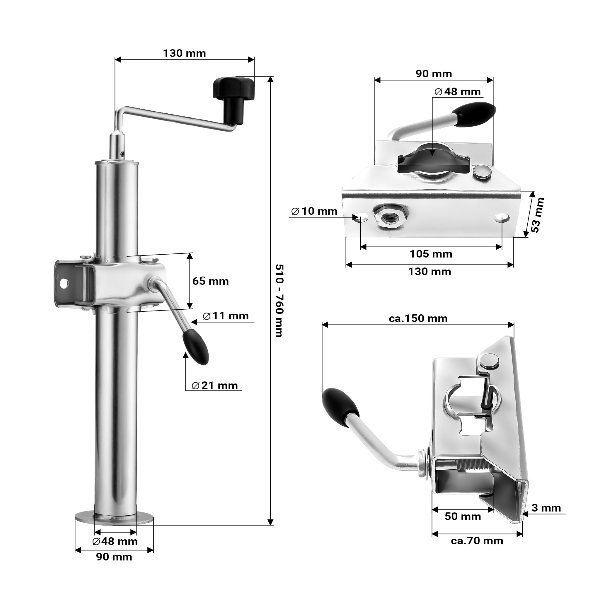 XPOtool Anhängerstütze 2 Stück, höhenverstellbar 510-760 mm, 130 x 90 x 760 mm, Abstellstütze mit 2 Klemmhaltern Ø 48 mm, Anhänger