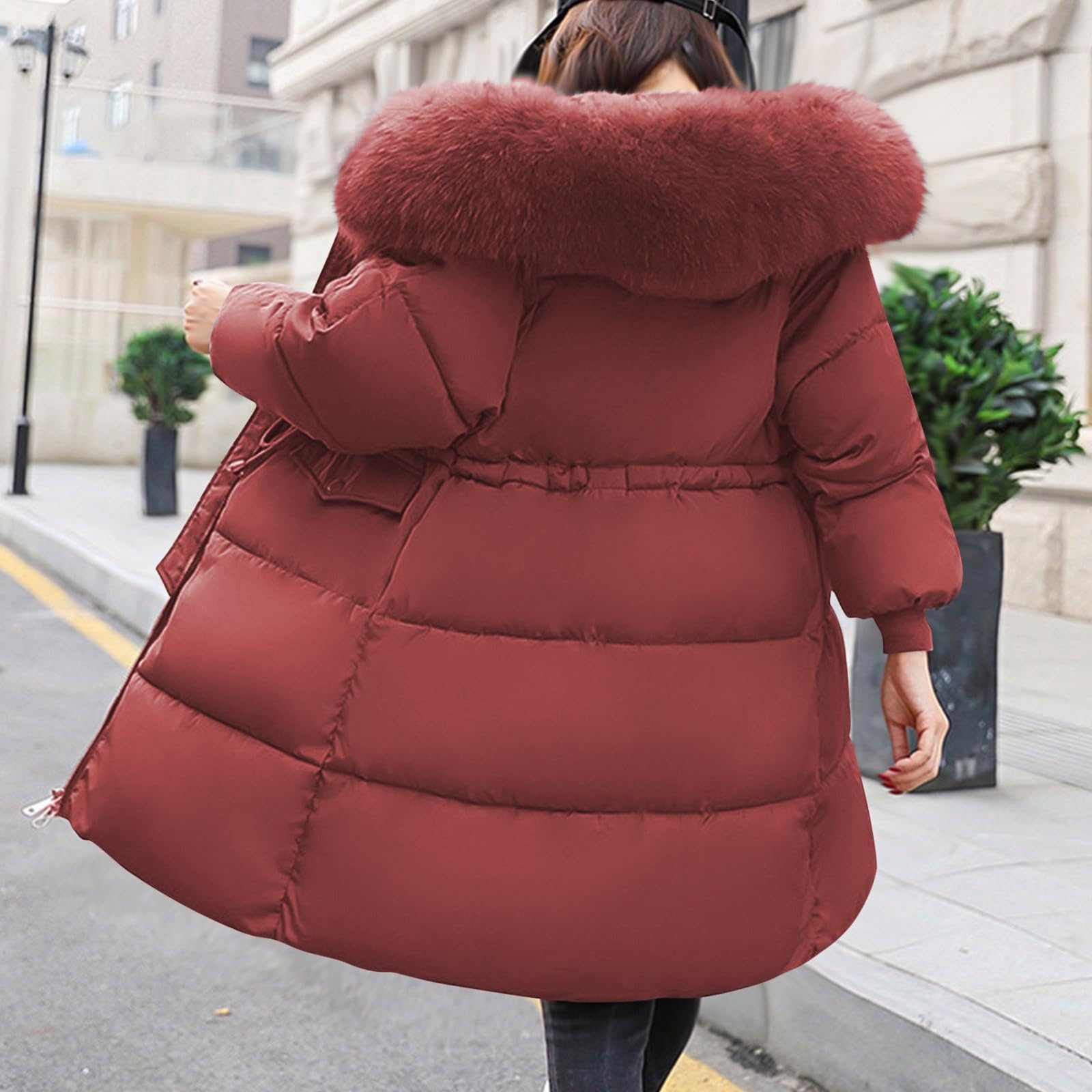 Piumino lungo da donna invernale caldo piumino lungo per le donne con cappuccio tinta unita giacca trapuntata a maniche lunghe con tasche imbottite impermeabili trench con cappuccio in pelliccia