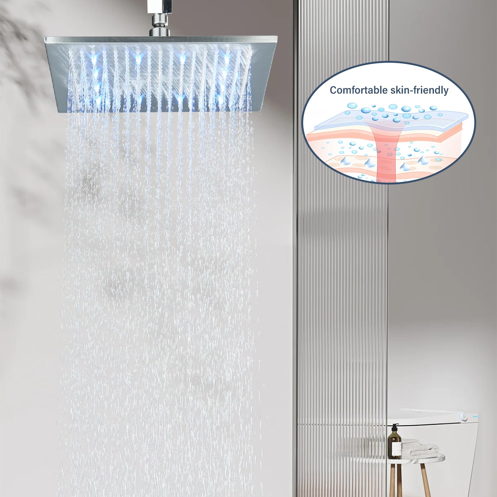 NeierThodore Cabezal de ducha cuadrado LED de 12 pulgadas, cabezal de ducha de níquel cepillado con parte superior rociador montado en la pared/techo