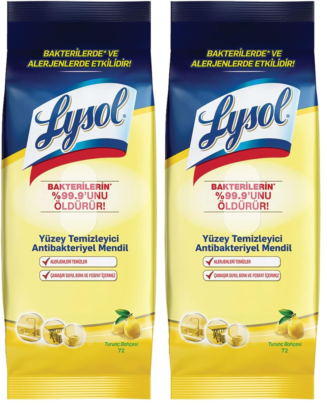 Lysol Pratik Yüzey Temizleyici Antibakteriyel Islak Mendil Turunç Bahçesi (1 x 72 adet) (2 paketi)