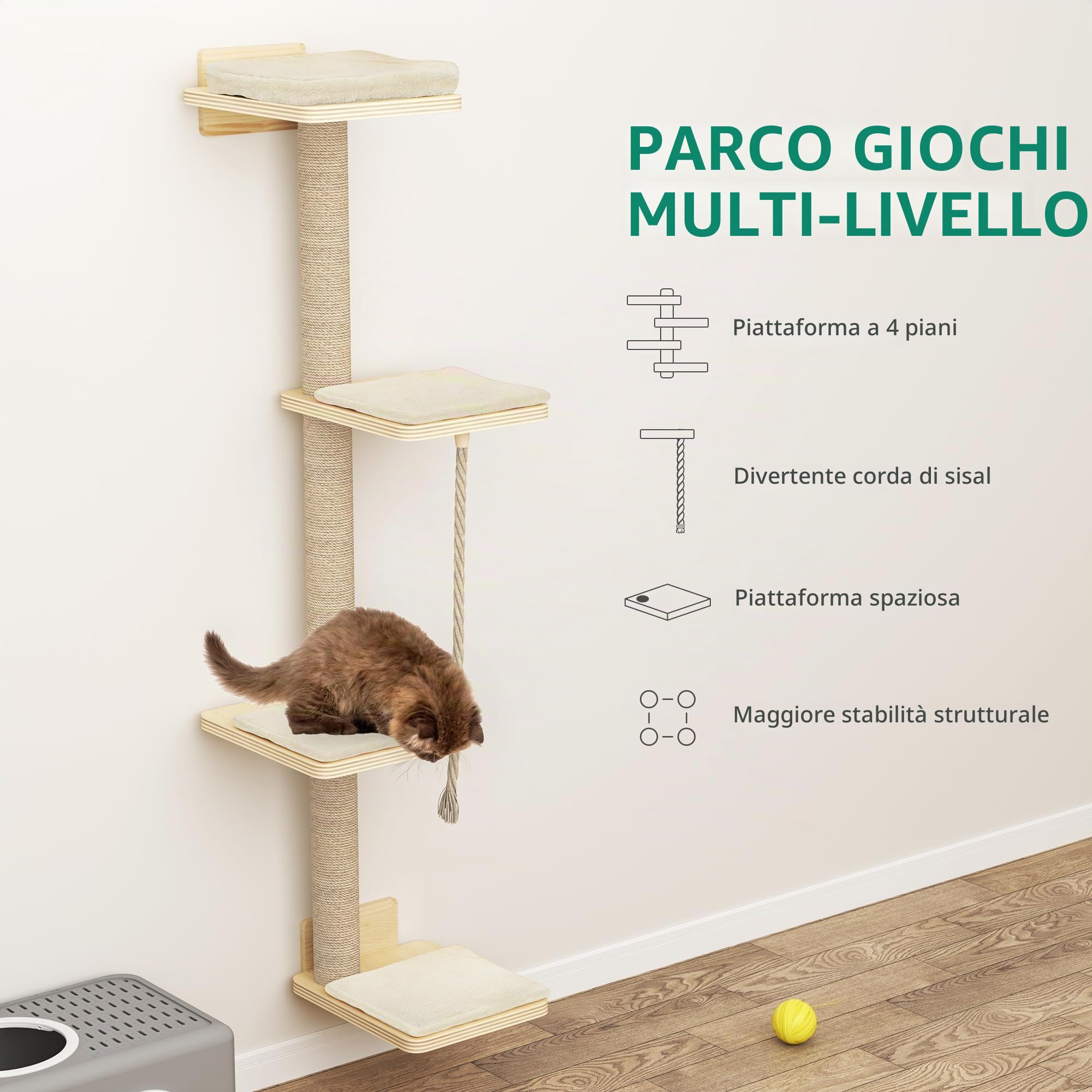 YITAHOME Set di 7 strutture per arrampicata per gatti, mobili da parete in legno, albero per gatti con 3 tiragraffi, 4 gradini, scaletta per gatti, amaca, letto per gatti, montaggio a parete con 4
