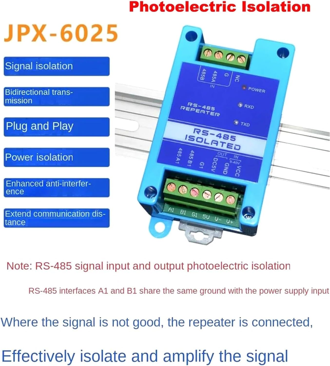 1Pcs Industrial Grade 3-Terminal Fully Isolated RS485 Repeater Protection Signal Amplification Anti-Interference Extender(JPX6025 y Adaptor)