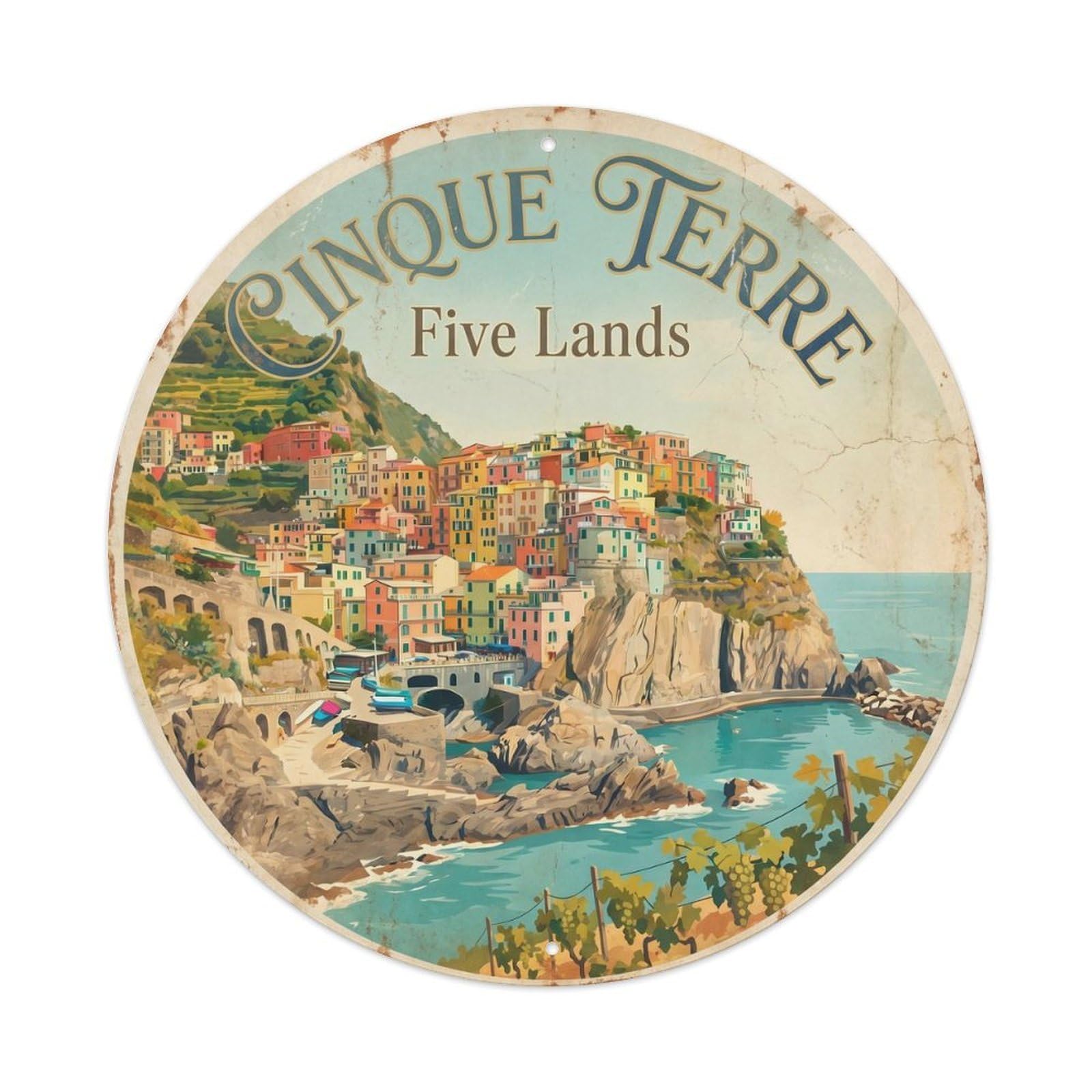 Vintage Travel Cinque Terre Cliffside Metal Tin Sign Plaque Wall Decor for Cafe, Club Bar, Office, Home Garden Round Metal Poster 8x8Inch