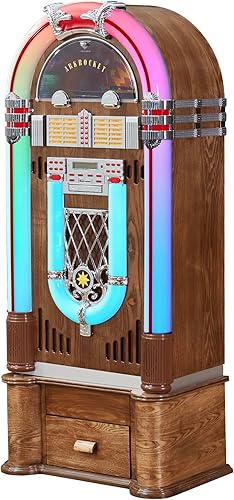 ARKROCKET Jukebox Saturn V con soporte Reproductor de discos de vinilo USB SD AUX Radio FM MP3 Reproductor de CD Luz LED arcoíris Estilo