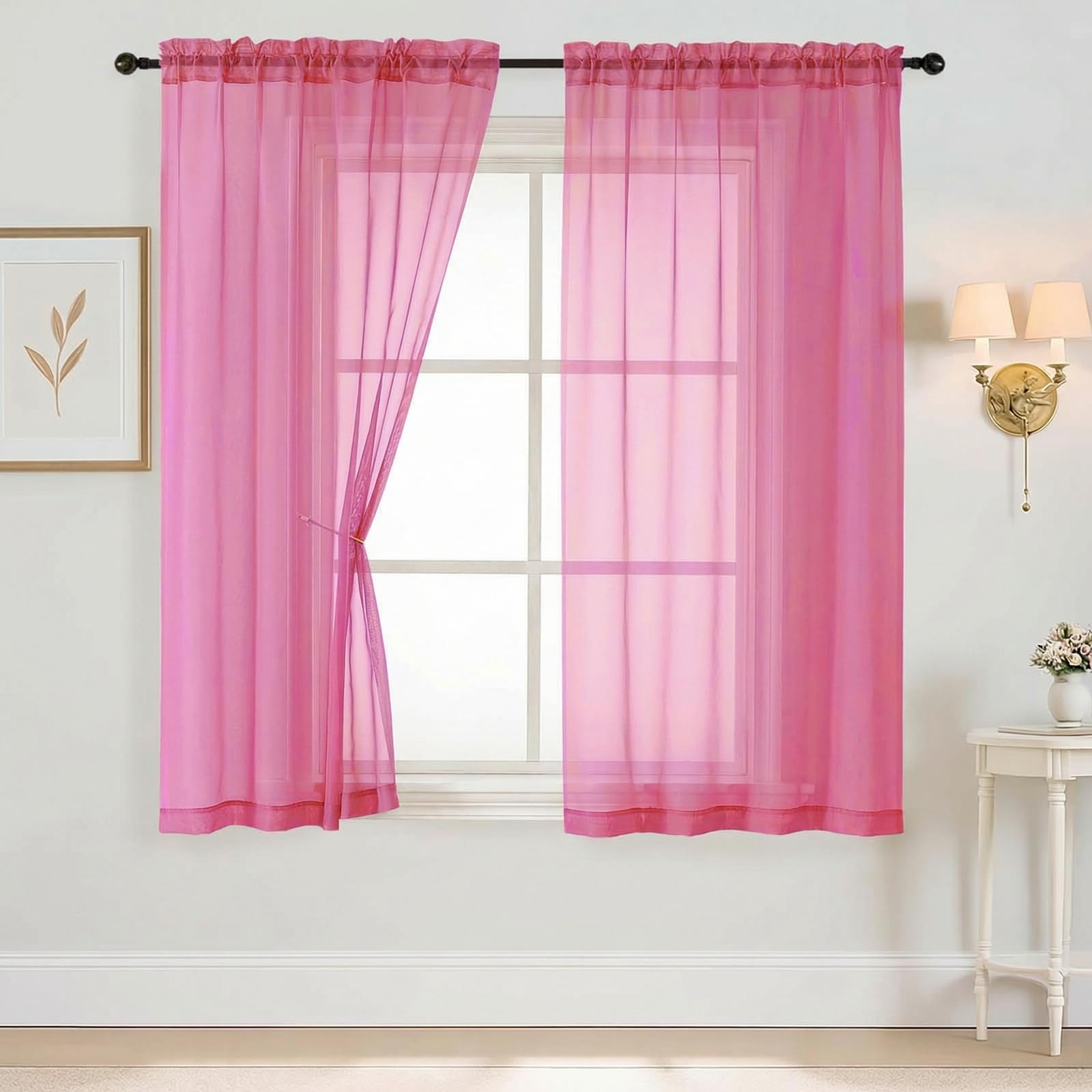 Ebesto Sheer Curtains 63 Inch Length 2 Panels, Voile Sheer Curtain for Living Room, Breathable Light Filtering Window Treatments, Soft Fabric Dual Rod Pocket Drapes, Hot Pink, 2x42Wx63L Inches