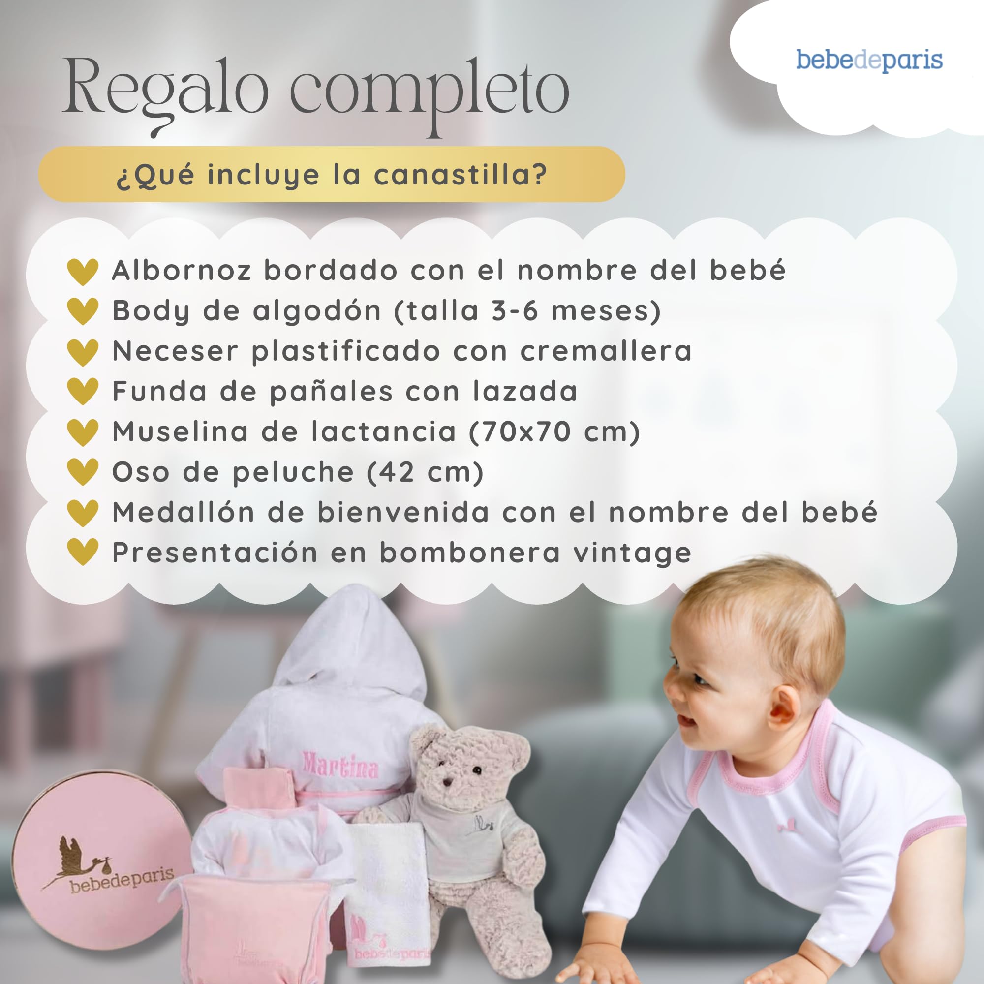 BebeDeParis Canastilla Bebé Recién Nacido Albornoz Bordado talla de 6-12 meses Body Neceser Funda Muselina y Oso de Peluche