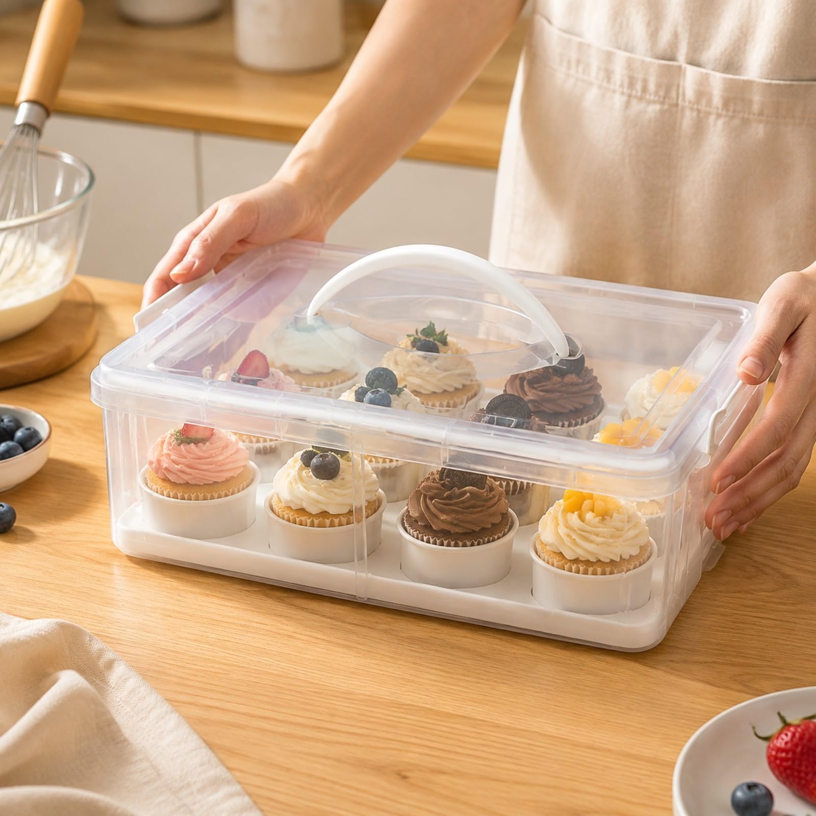 Caja Plástico Transparente para con Asa Portátil Organizador Repostería con Cierres Laterales Apilable Estuche Embalaje Postre, 3 Niveles