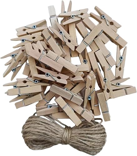 50 pinzas pequeñas de madera para fotos con cordel de yute, alfileres de ropa en miniatura para manualidades, decoración, secado de ropa, pinzas de