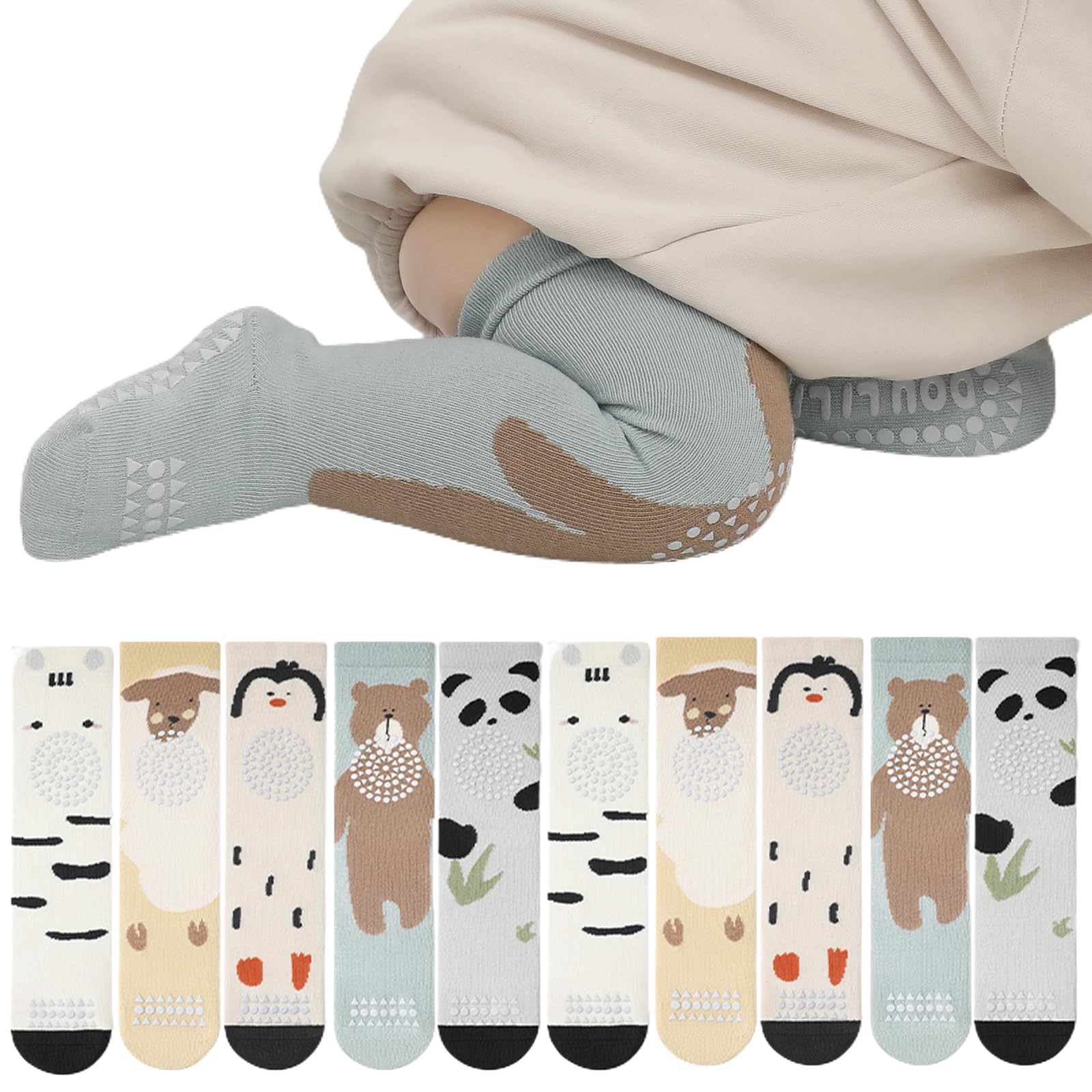 Baby Non Slip Socks for Crawling Walking 3 Pairs Toddler Knee High Socks, Infant and Newborn Stockings for Newborn Toddler Boy Girl, 6-12 Month