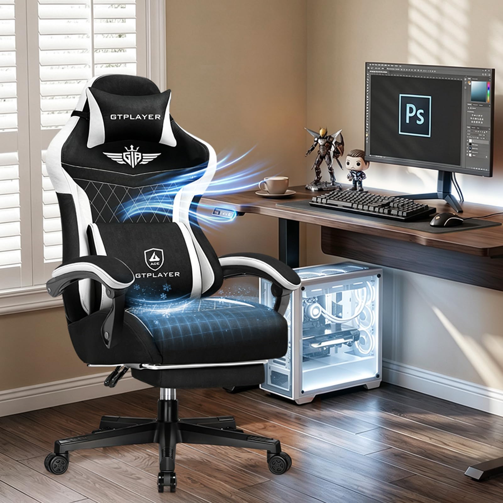 GTPLAYER Gaming Chair with Footrest, Ergonomic Office Chair 400lbs Heavy Duty, Big and Tall Computer Desk Chair with Lumbar Support and Headrest, Breathable Tech Fabric, 90-155° Recline Black