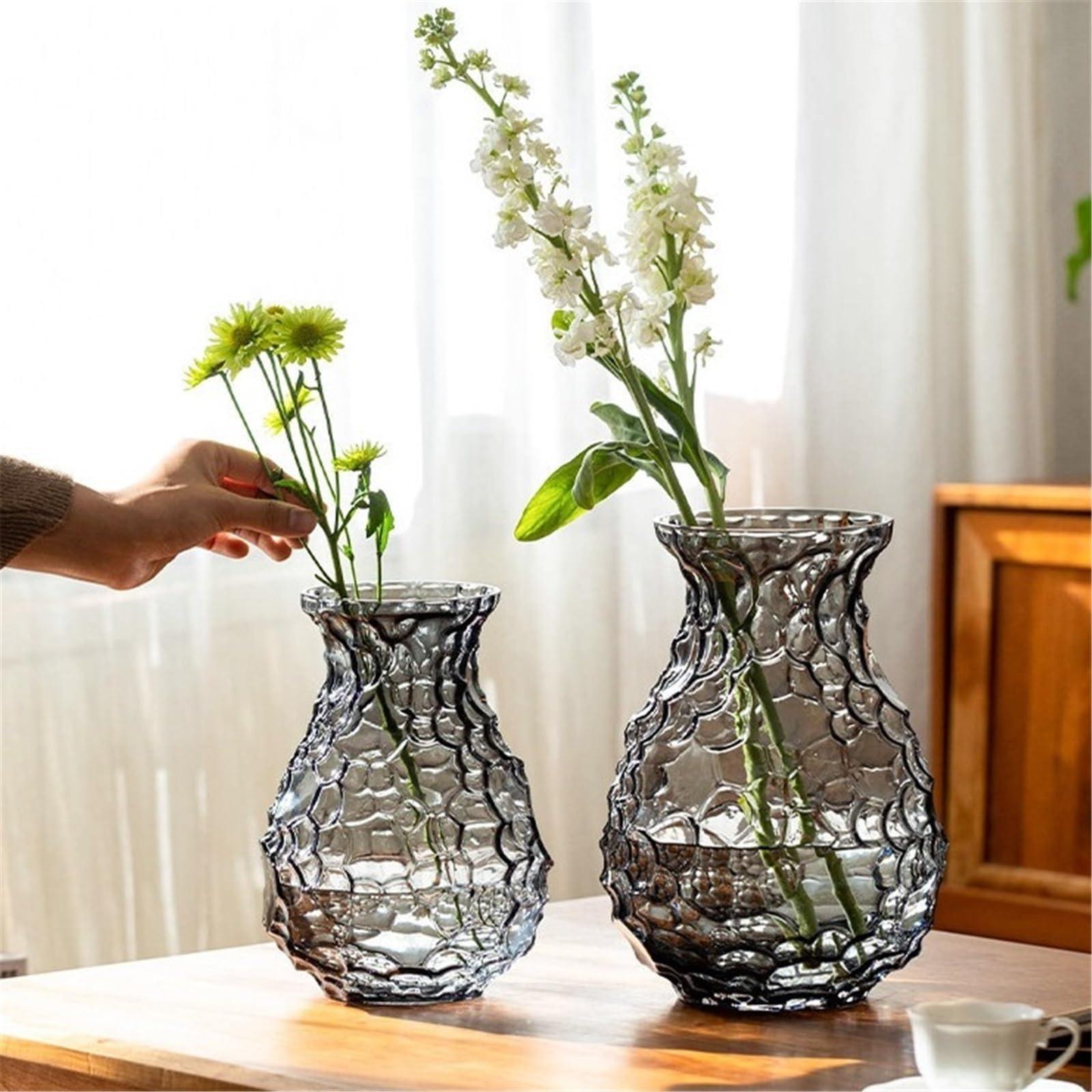 Vases en verre gris martelé texturés modernes Décoration d'intérieur | Vase décoratif for fleurs(Petit)