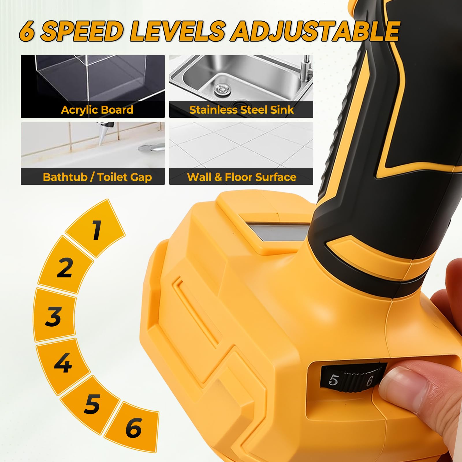 Pistola de cartucho con batería, compatible con batería DeWalt 18 V 20 V, 600 kg de fuerza de empuje, pistola eléctrica de silicona ajustable en 6 niveles con luz LED para cartuchos de 300 ml (sin