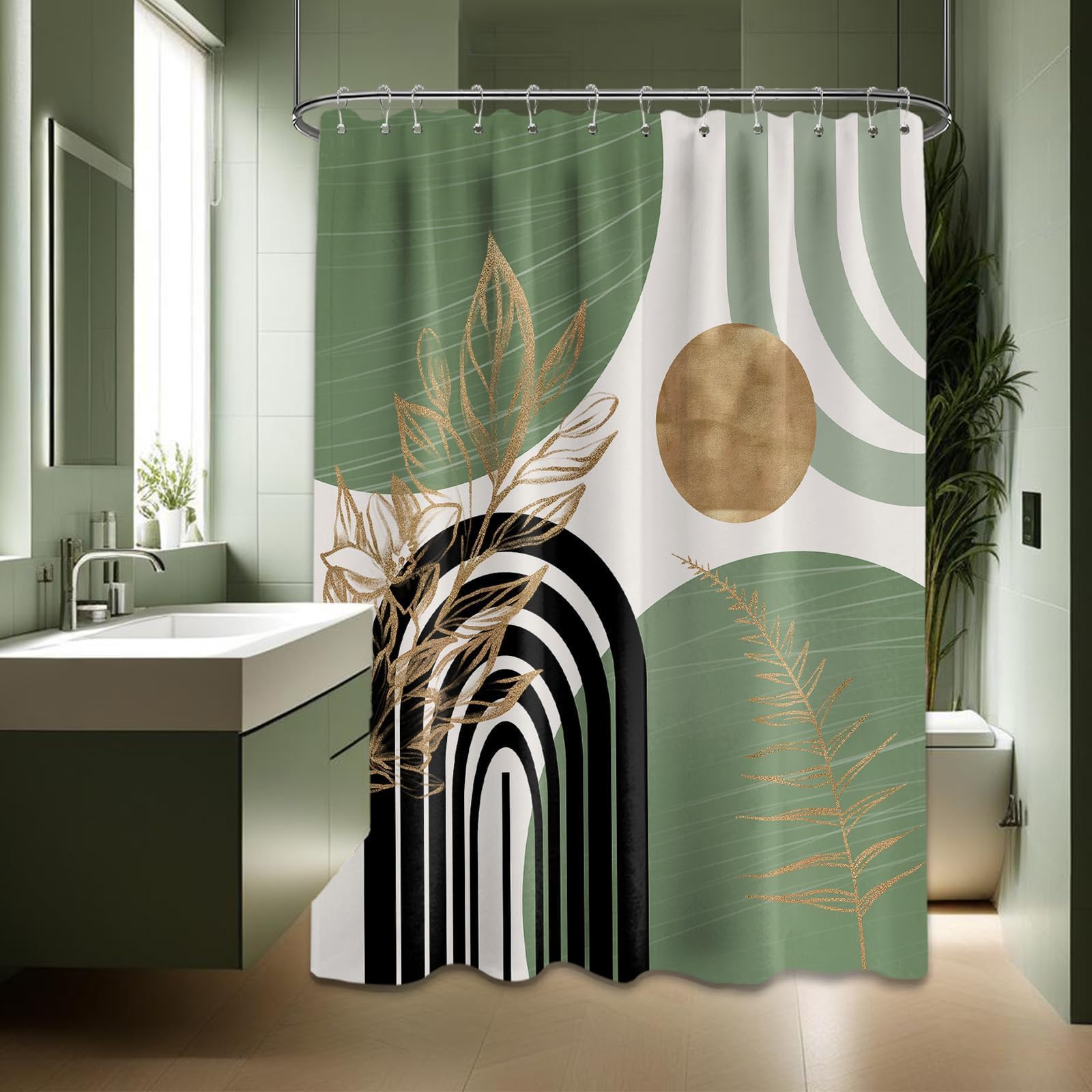 QGHOT Sage Green Shower Curtain Boho Mid Century White and Light Green and Black Shower Curtains for Bathroom Decor, Waterproof Cloth Fabric with Hooks, 70" W x 96" L