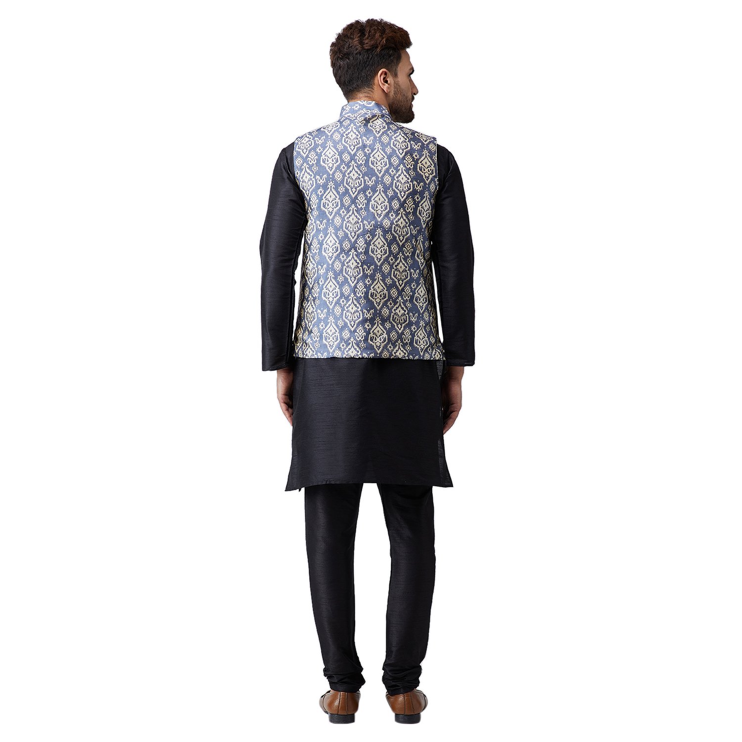Sojanya (Since 1958, Men's Silk Kurta Pyjama & Printed Nehru Jacket Set