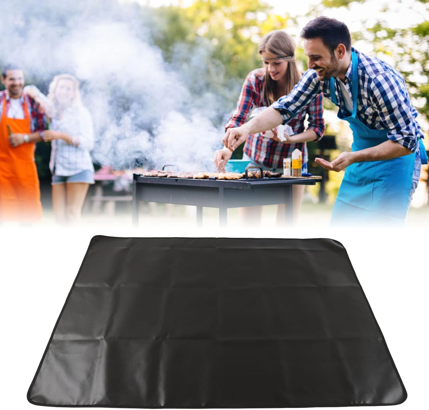 Under Grill Mat, Reusable Foldable Anti Slip Double Sided Silicone Fireproof Grill Pad, Deck Patio Protector Mat for Outdoor Camping Garden Yard Picnic (152x122CM Rectangle)