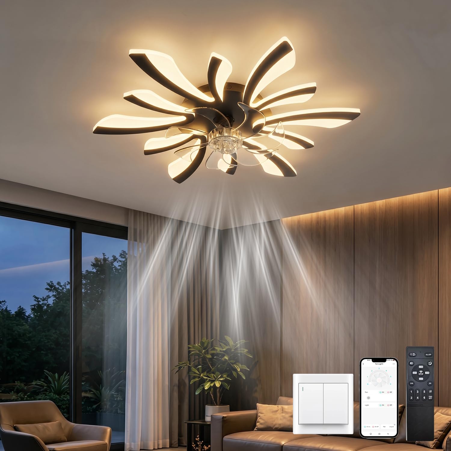 LJX Lampadario con Ventilatore da Soffitto con Telecomando DC Plafoniera con Ventilatore Led Soffitto Silenzioso Dimmerabile Estate e Inverno Cucina Camera da Letto, Nero