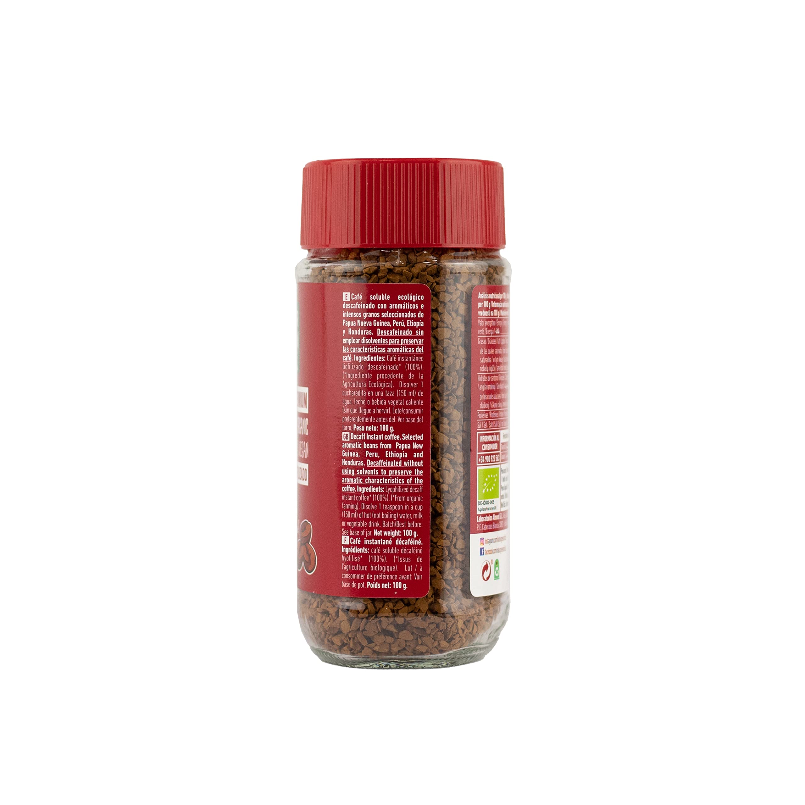 NaturGreen - Biocoffee Descafeinado Bio, Pack 6 x 100 g, Café Soluble Ecológico Instantáneo, Sin Cafeína, Vegano y Sostenible, Agricultura Ecológica