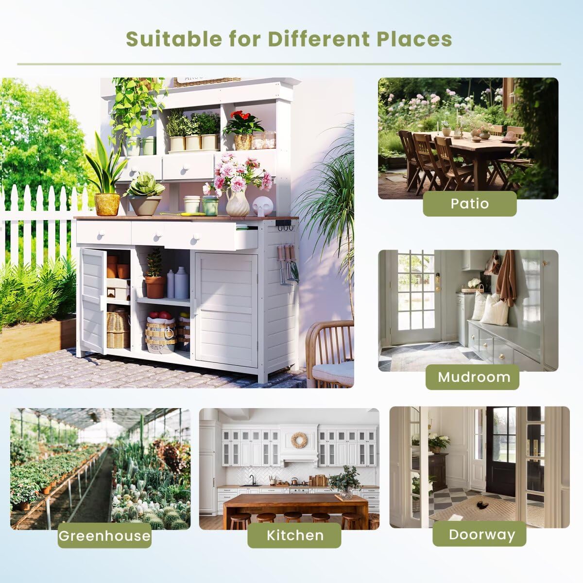 65.7'' H Tall Garden Potting Bench Table with Hutch,Patio Storage Workstation with 3 Shelves,6 Drawers,2 Bottom Cabinets&Side Hooks for Mudroom,Doorway, White