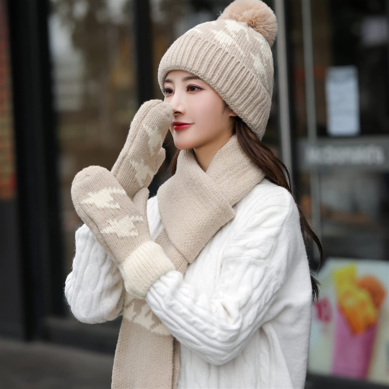 ハンドメイド 編み物 ニット帽 ビーニー 耳あて 雪の結晶❅*॰ॱ