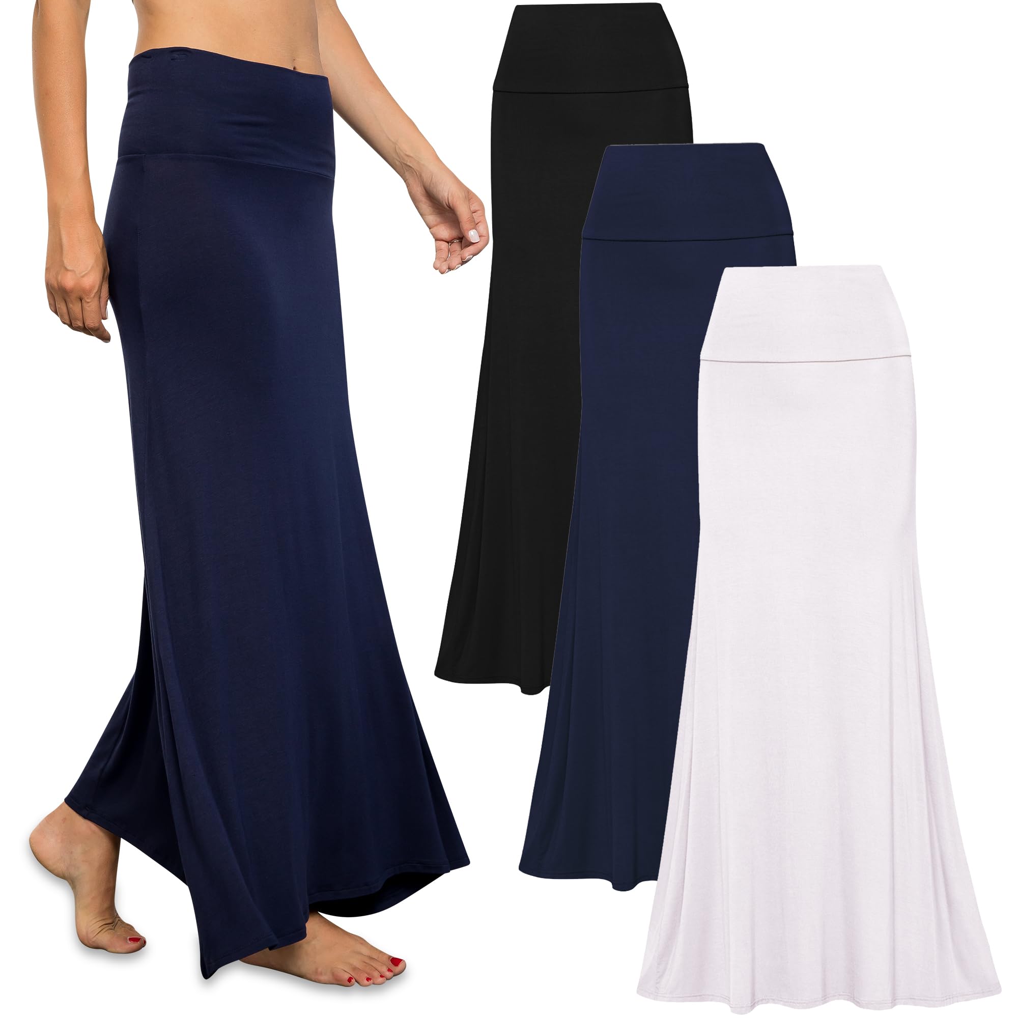 Free to Live 3 Pack Long Skirts for Women Fall Winter Flowy Maxi Skirt High Waist Fold Over Floor Ankle Length Jersey Knit