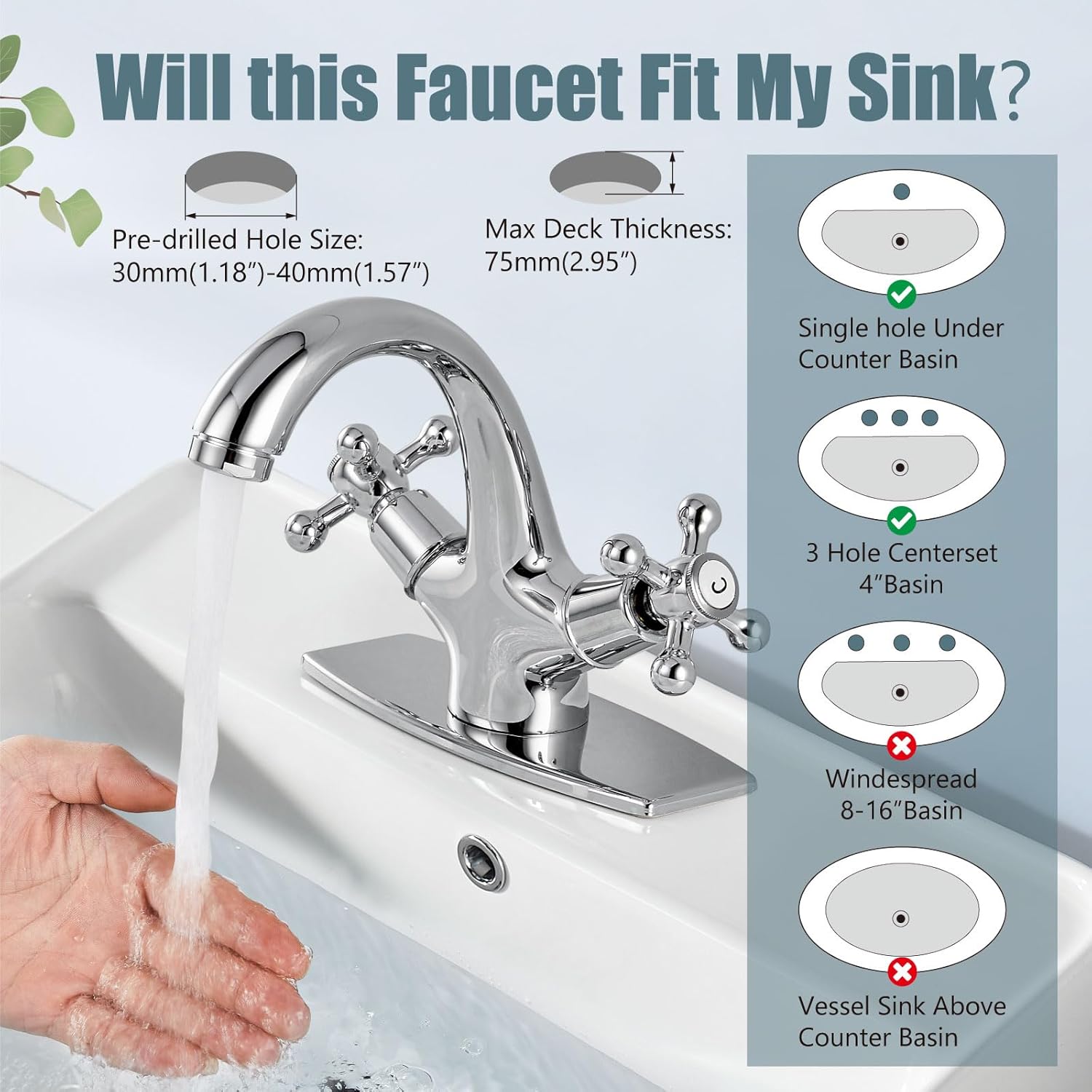 Aolemi Bathroom Sink Faucet Single Hole Cold and Hot Double Handle Cross Knobs Vanity Vessel Sink Basin Mixer Tap with Deck Cover Plate with Pop Up Drain Polish Chrome
