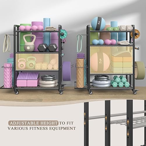 Miniatura 3 de 4-Tier Dumbbell Rack Stand Only, Adjustable Weight Rack for Dumbbells Kettlebells Yoga Mat, Home Gym Storage Rack with Wheels and Hooks, Powder