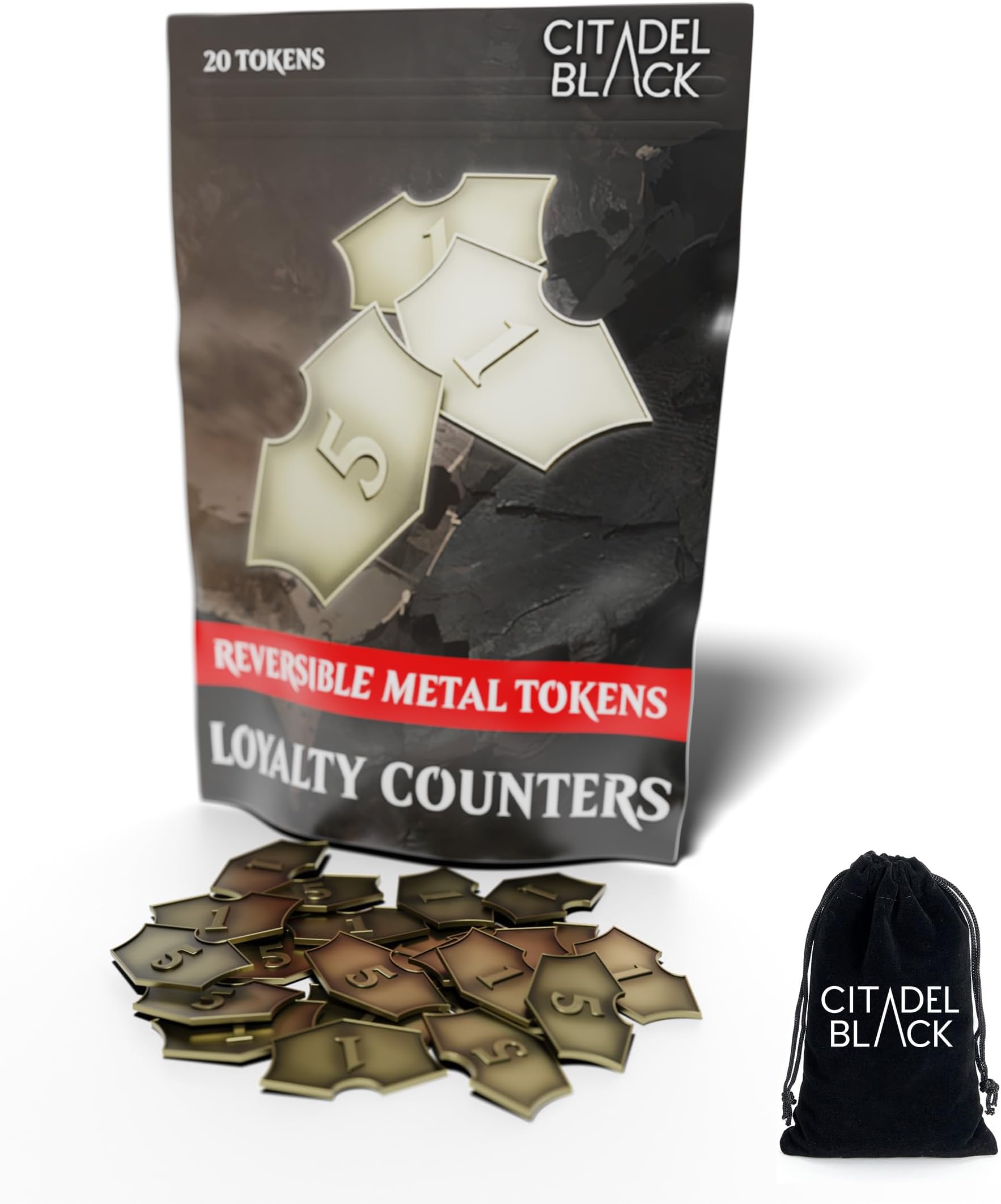 Citadel Black MTG Reversible Loyalty Counters Set of 20 Metal Tokens - with Drawstring Pouch, Antique Gold Finish Metal Tokens, Designed for Magic: The Gathering