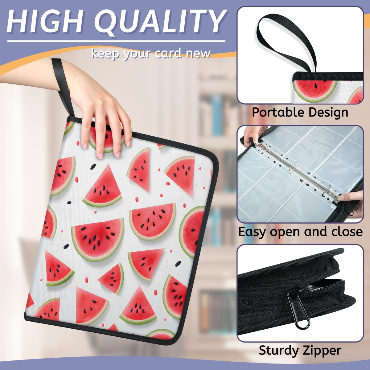 Carpeta para tarjetas de intercambio con 9 bolsillos, diseño de sandía, álbum de tarjetas de frutas de verano con fundas extraíbles, libro de tarjetas impermeable con cremallera, capacidad para 50