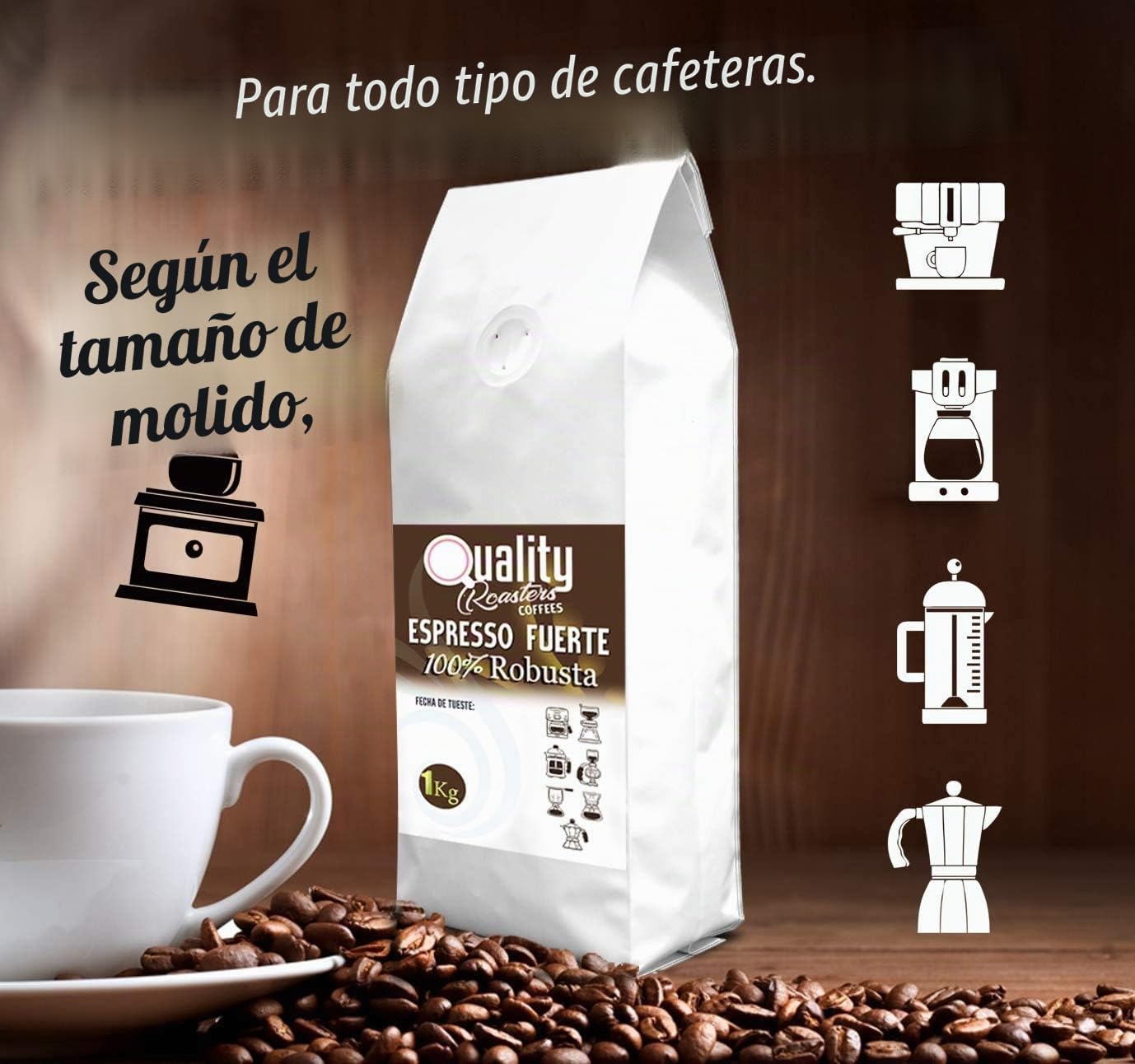Café en grano natural "Espresso Fuerte". 100% Robusta. Tostado artesanal. Tueste Medio. (4 Kg)