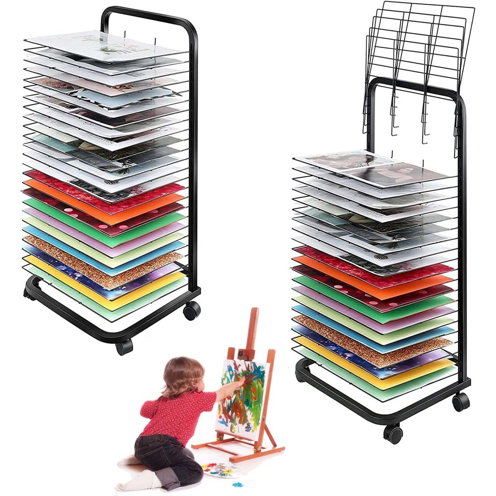 THEGA Flexible Art Drying Rack With Mobile Cart And Stackable Shelves - Ideal For Classroom, Art Studios And Home Use - Stainless Steel Wire Rack For Painting, Craft And Canvas(35 layers)