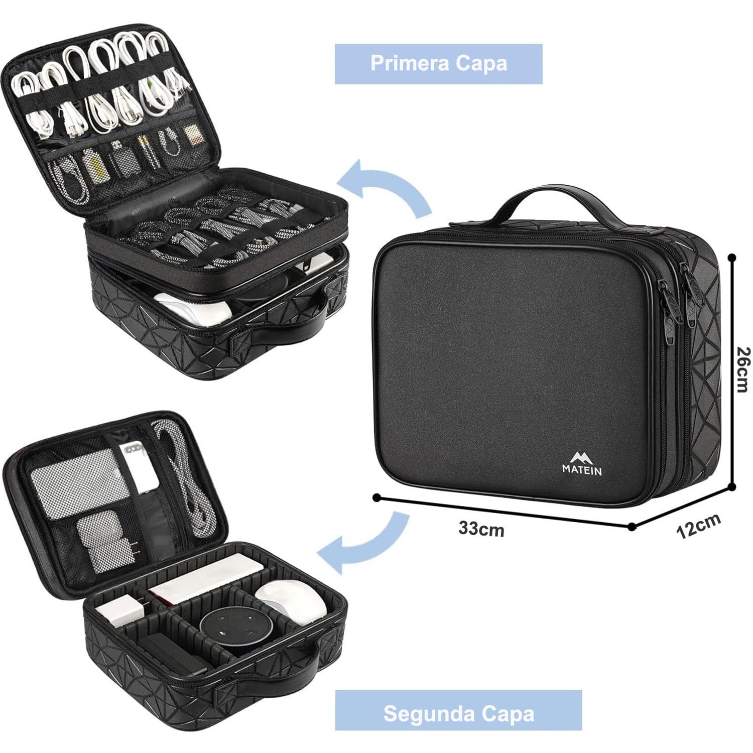 MATEIN Organizador Cables Viaje con Separadores Ajustables, Bolsa para Cables y Accesorios Electrónicos, Estuche Doble Capa Portátil Antigolpes Impermeable para Cargadores y Equipos de Música, Negro