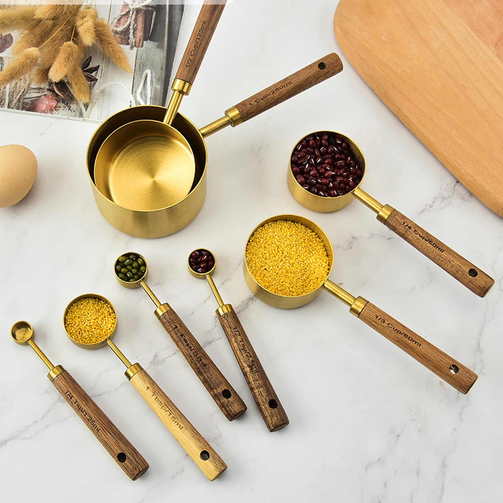 Set Da 8 Misurini E Cucchiai In Acciaio Inox Con Manico In Legno – Misure Metriche E USA – Ideali Per Cucina, Cottura E Pasti Precisi - 2